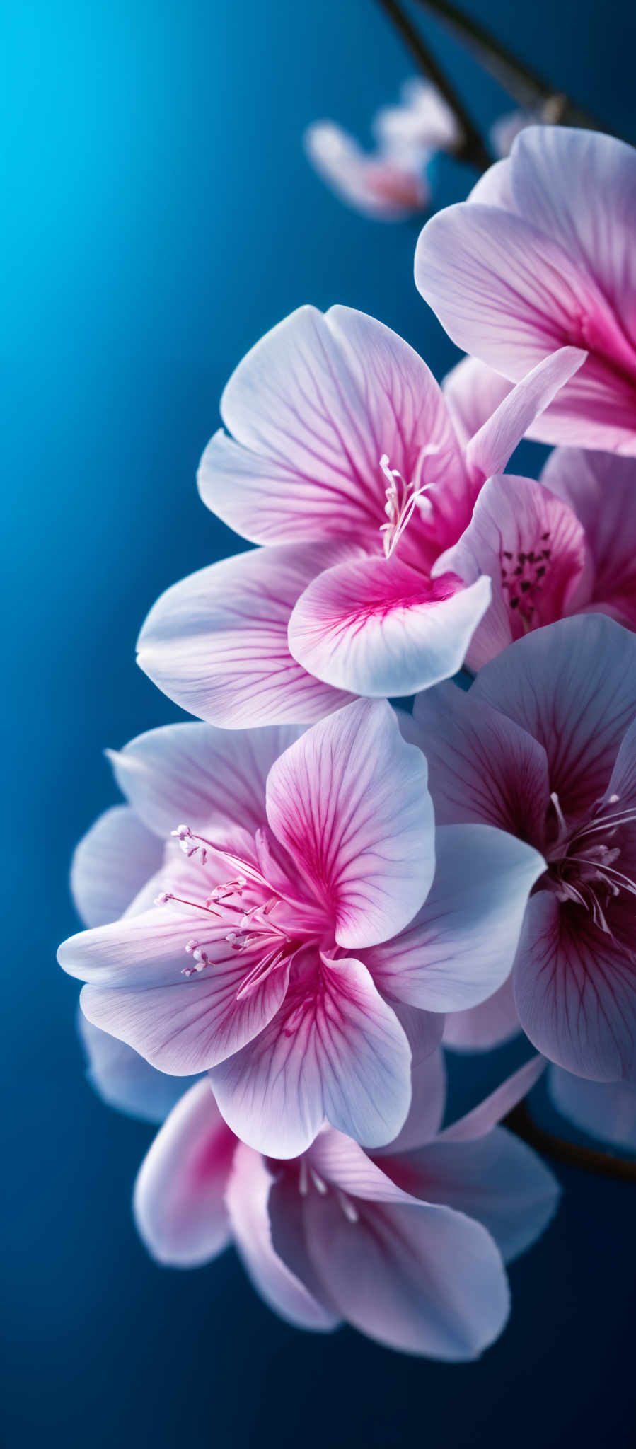 The image showcases a close-up of delicate pink flowers with intricate details. The flowers have a layered petal structure, with a soft pink hue transitioning to a deeper pink towards the center. The center of the flowers displays a cluster of stamens, which are long, slender, and white. The background is a deep blue, providing a stark contrast to the flowers, making them stand out prominently.