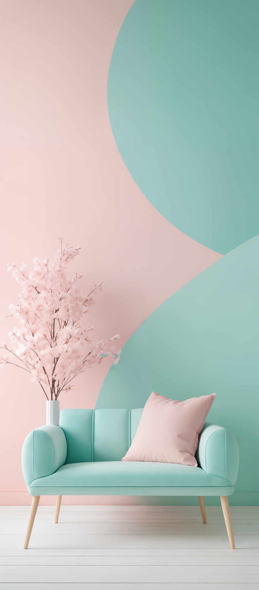 The image showcases a room with a pastel color palette. The dominant colors are a soft pink and a light turquoise. The wall is divided into two sections by a curved line, with the left side being pink, and the right side being turquois. In the foreground, there's a pastoral scene with a light blue sofa, a matching cushion, and a vase with a tree branch bearing pink blossoms. The floor is white, and there're wooden legs on the sofa.