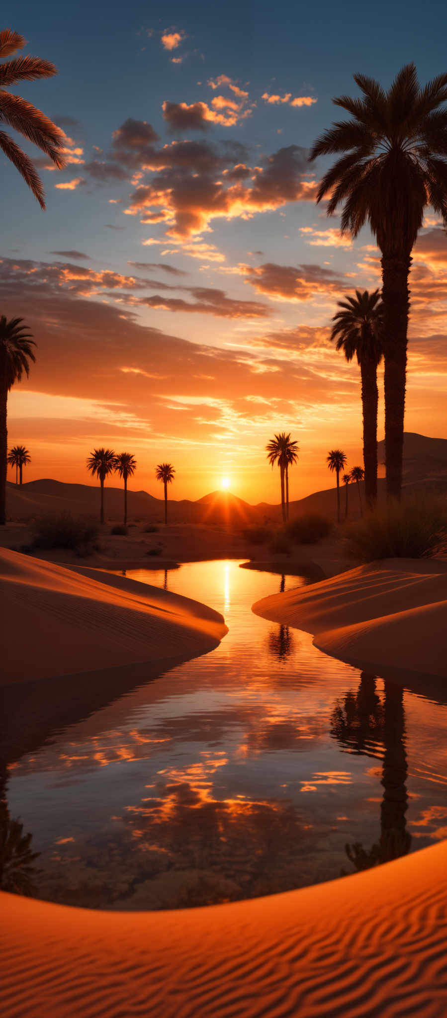 The image showcases a breathtaking sunset over a desert landscape. The sky is painted with hues of orange, gold, and deep blue, with scattered clouds reflecting the sun's golden light. The sun itself is a brilliant orb, casting a warm glow over the scene. In the foreground, there are sand dunes with intricate patterns formed by wind erosion. A serene water body reflects the sky and the tall palm trees that stand tall amidst the desert. The palm trunks are slender and tall, with their fronds swaying gently. The overall ambiance of the image is tranquil and mesmerizing.