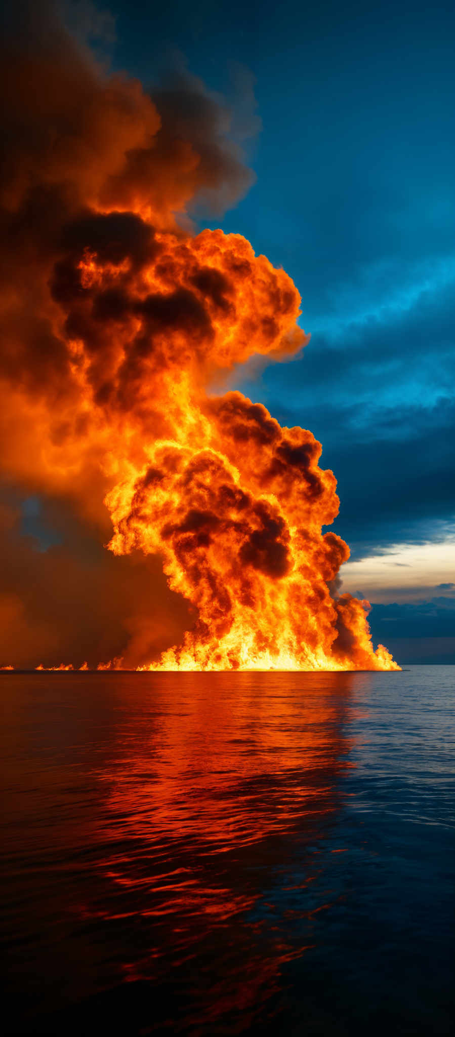 The image showcases a dramatic scene of a large fire engulfing a structure, with billowing dark smoke rising into the sky. The fire is predominantly orange and yellow, illuminating the surrounding area with a fiery glow. The smoke is thick and dark, contrasting with the lighter hues of the sky, which transitions from a deep blue at the top to a lighter shade near the horizon. The reflection of the fire and smoke can be seen on the calm water surface below, creating a mirror-like effect.