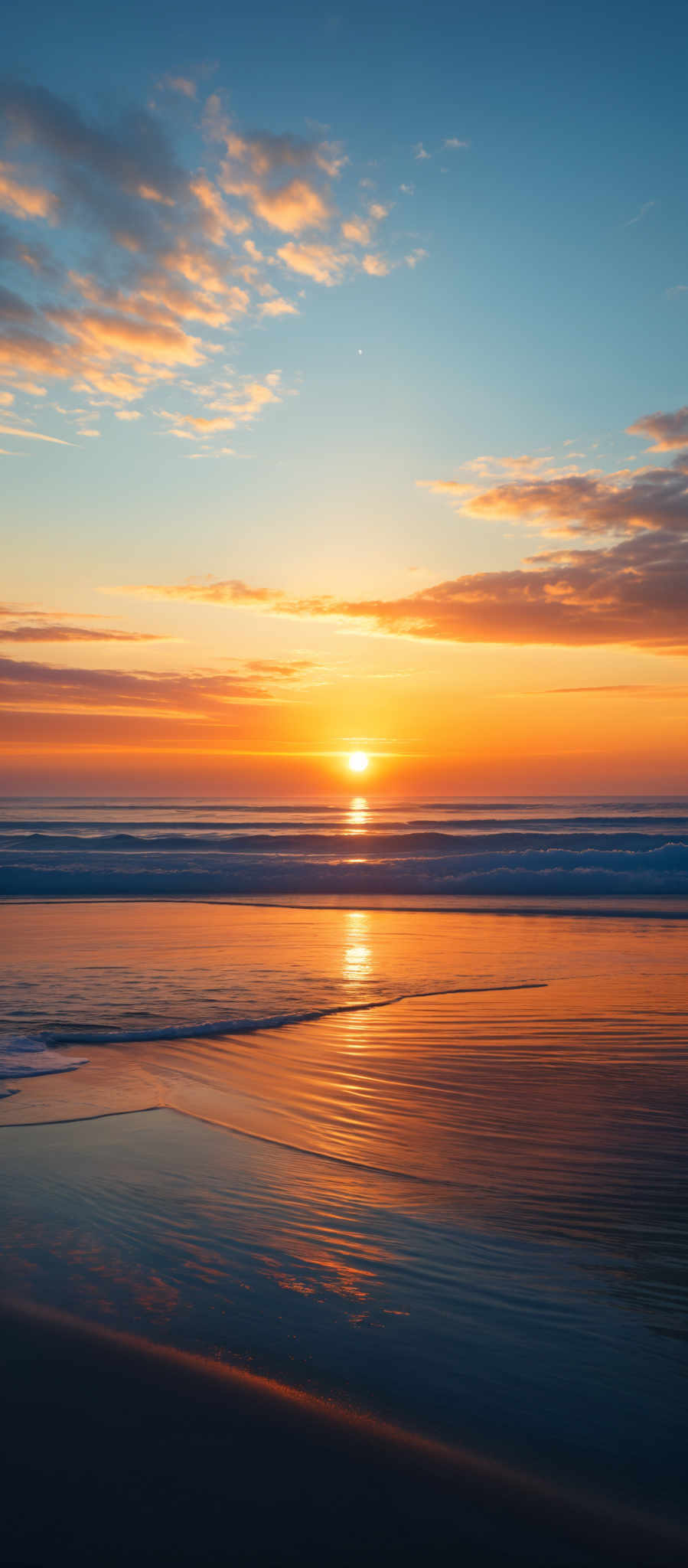 The image showcases a breathtaking sunset over a beach. The sky is painted with hues of orange, yellow, and blue, with scattered clouds reflecting the sun's golden light. The sun itself is a brilliant orb, casting a warm glow over the horizon. Below, the calm sea reflects the sky's colors, creating a shimmering pattern on the wet sand. The waves gently lap at the shore, and the overall ambiance is serene and tranquil.