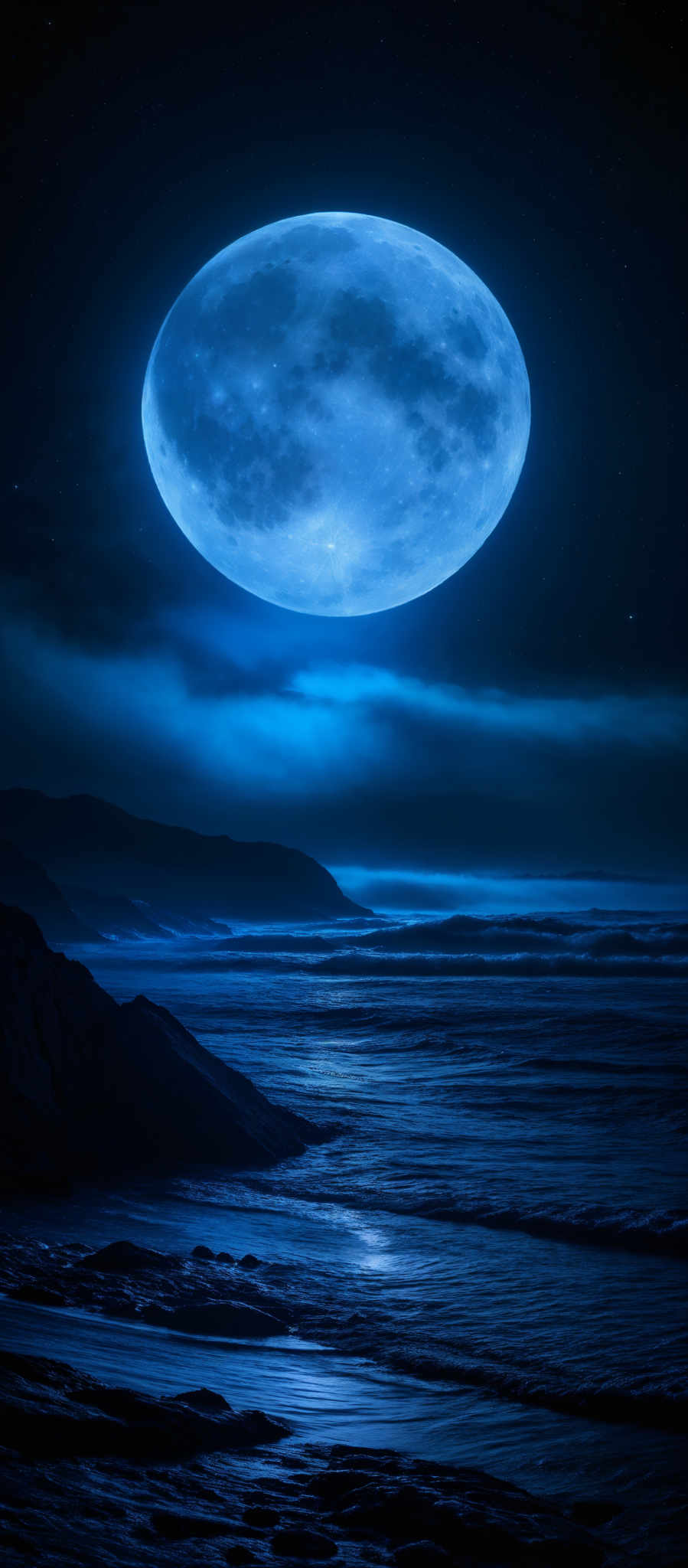 The image showcases a breathtaking night scene with a large, luminous blue moon dominating the sky. The moon's surface displays craters and textures, suggesting its natural and detailed appearance. Below the moon, there's a serene ocean with waves crashing onto rocky shores. The water reflects the moon' s glow, creating a shimmering effect. The sky is dotted with stars, adding to the celestial ambiance. The overall color palette is dominated by deep blues and blacks, with the moon acting as a bright focal point.