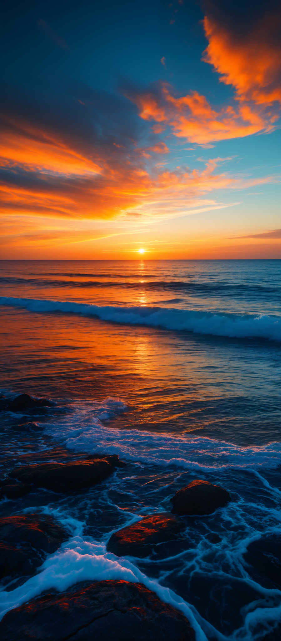 The image showcases a breathtaking sunset over the ocean. The sky is painted with hues of orange, gold, and deep blue, with the sun nearing the horizon casting a warm glow. The clouds are dramatic, with some appearing fiery and others more muted. The ocean reflects the colors of the sky, creating a shimmering effect. In the foreground, there are dark rocks emerging from the water, wet and glistening. Waves gently crash against these rocks, and their white foam contrasts with the deep blue of the water.