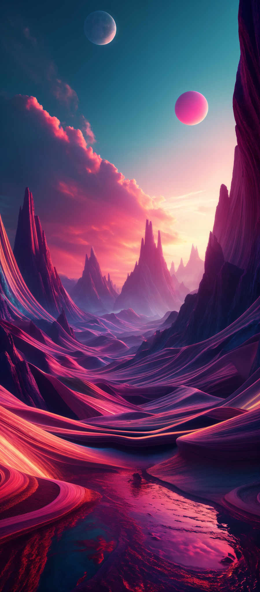 The image showcases a vibrant and surreal landscape. The dominant colors are shades of pink, purple, and blue. The terrain consists of wavy, flowing patterns that resemble sand dunes or waves, with a reflective surface that mirrors the sky above. There are towering rock formations in the background, and the sky is filled with two large celestial bodies, possibly planets, and a smaller one, possibly a moon. The sky also has a mix of clouds, and there's a hint of a setting or rising sun, casting a warm glow over the scene.