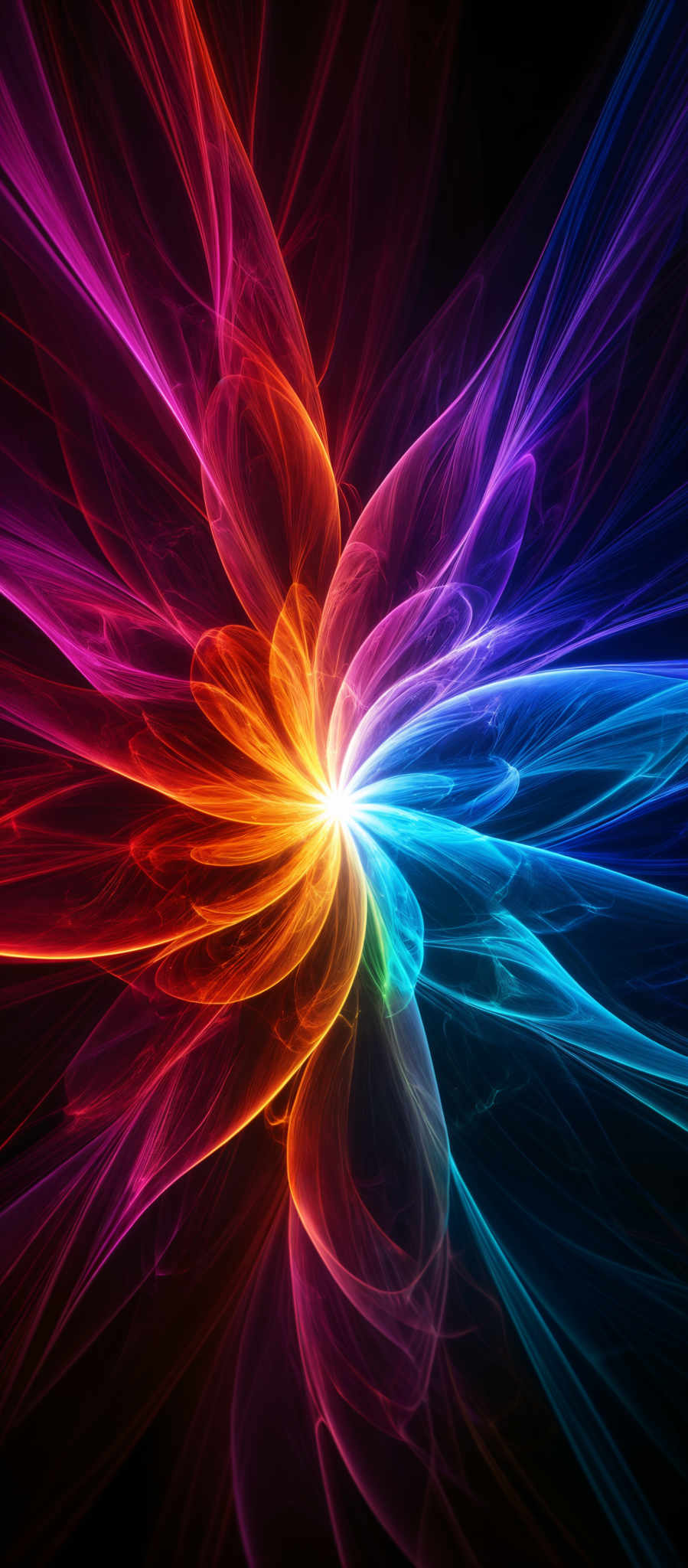 The image showcases a vibrant and dynamic interplay of colors. At the center, there's a bright, fiery orange-red burst that radiates outwards, resembling a flame or explosion. Surrounding this central point are swirling patterns of vivid colors, including deep purples, blues, and teals. These colors blend seamlessly into one another, creating a mesmerizing effect. The overall shape is reminiscent of a burst of energy or a cosmic explosion, with the colors flowing outwards in a radial pattern.