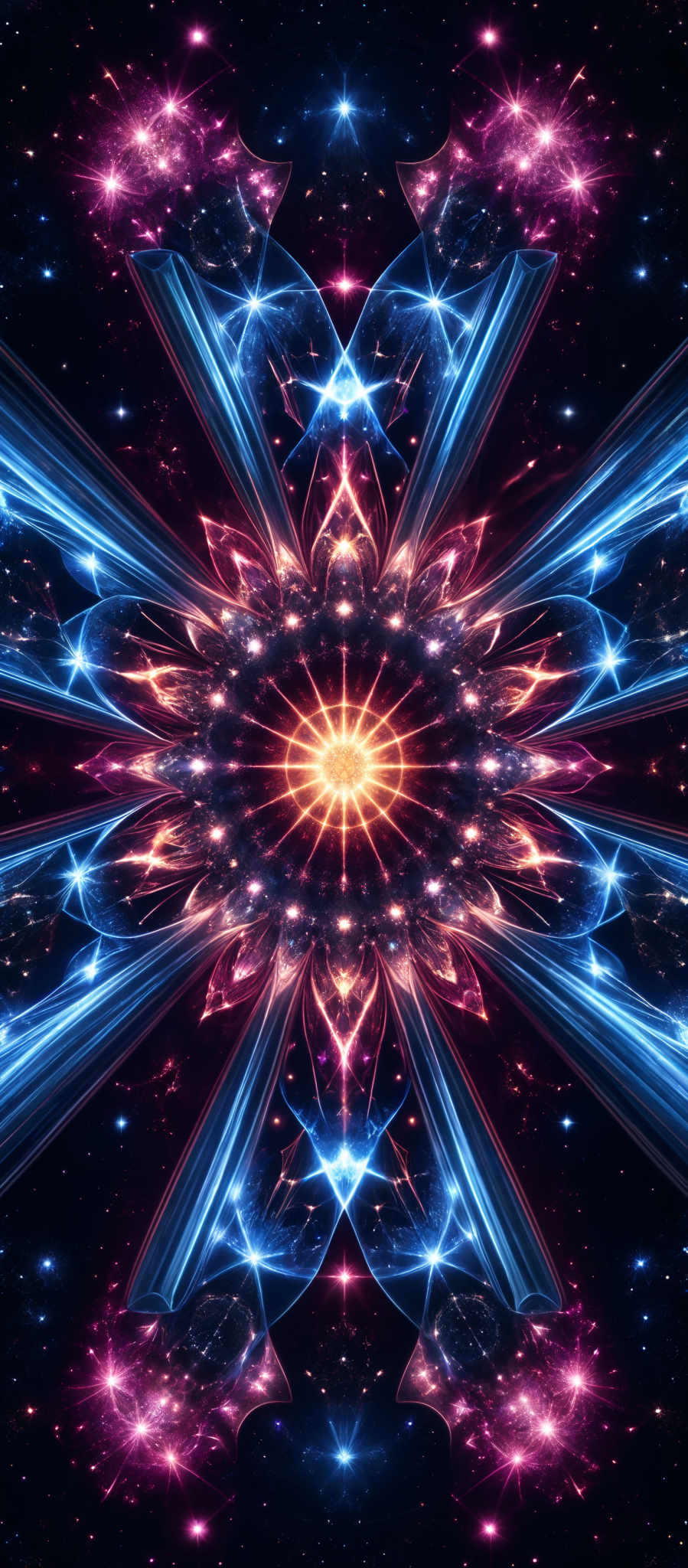 The image showcases a vibrant and intricate design that appears to be a cosmic or abstract representation. Dominated by deep blues, purples, and fiery oranges, the central figure is a symmetrical, radiant pattern that resembles a flower or a mandala. This central figure emits a bright, glowing light that radiates outwards, creating a mesmerizing effect. Surrounding this central figure are swirling patterns and designs that give the impression of a cosmos or a galaxy, with twinkling stars and nebulous formations.