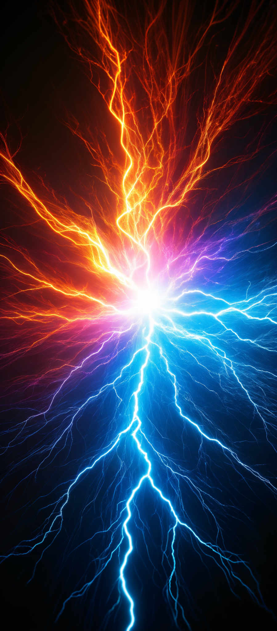 The image showcases a vibrant and dynamic display of electricity or energy. It features a central point from which multiple tendrils of lightning-like patterns emanate. These tendrills are split between two primary colors: a fiery orange and a cool blue. The orange tendrill branches out in a chaotic yet beautiful manner, while the blue tendrilla appears more structured and orderly. The background is dark, which accentuates the brightness and intensity of the colors.