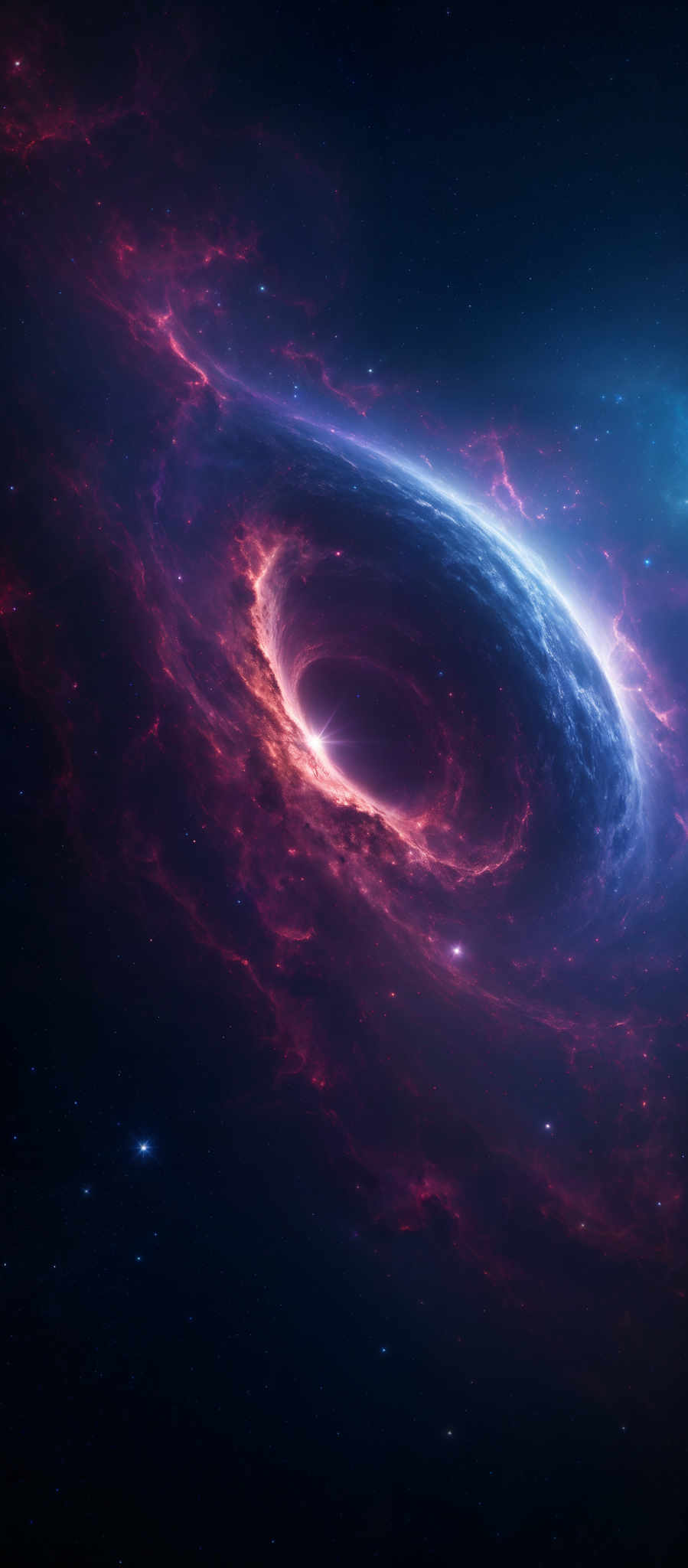 The image showcases a mesmerizing cosmic scene. Dominating the center is a massive, swirling vortex, reminiscent of a black hole or a wormhole. This vortex is surrounded by a vibrant mix of colors, predominantly deep blues and fiery reds, suggesting intense energy and activity. The swirled patterns and radiant beams of light emanating from the vortex give it a dynamic and almost alive appearance. Surrounding this central phenomenon are vast expanses of space filled with stars, some of which are brilliantly illuminated, while others are dotted in the darkness. The overall ambiance of the image is one of wonder