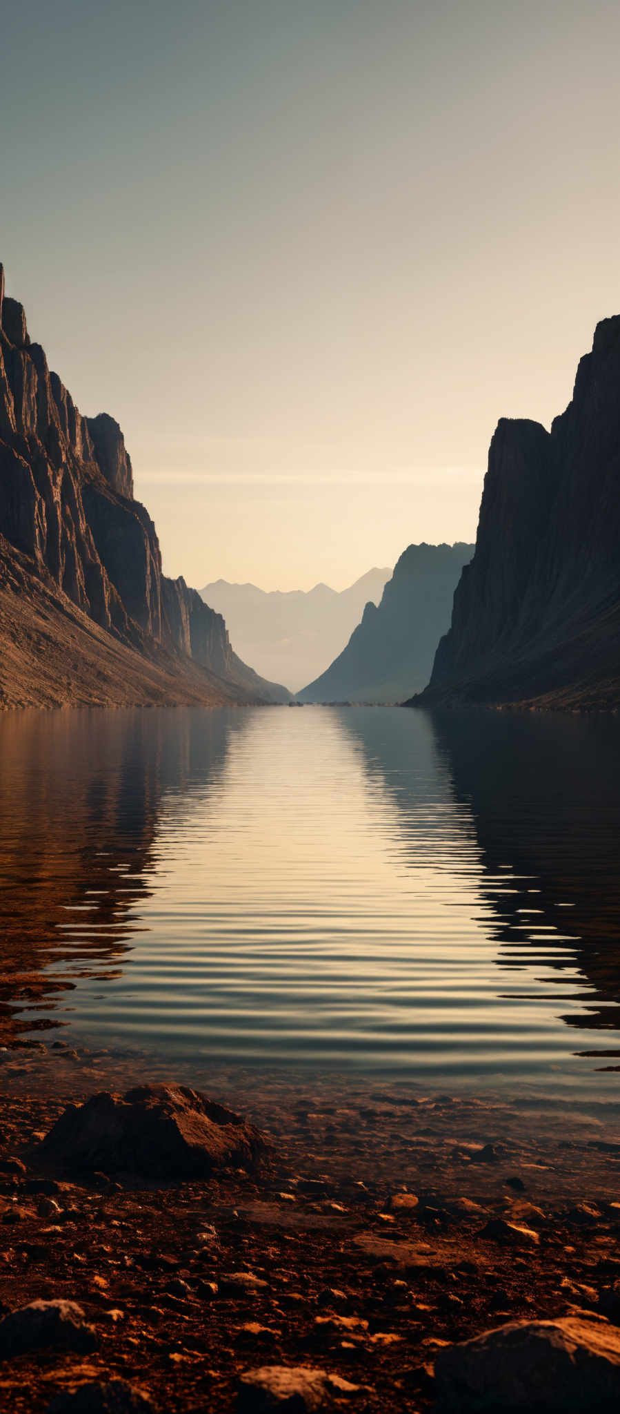 The image showcases a serene landscape with towering cliffs on either side, leading to a calm body of water in the center. The water reflects the golden hues of the setting or rising sun, creating a mirror-like effect. The cliffs are rugged and have a deep brownish-gray color, indicating rocky terrain. The bottom of the image reveals the rocky shore with some scattered stones and pebbles. The sky above is clear with a gradient of colors, transitioning from a deep blue at the top to a warm golden hue near the horizon.