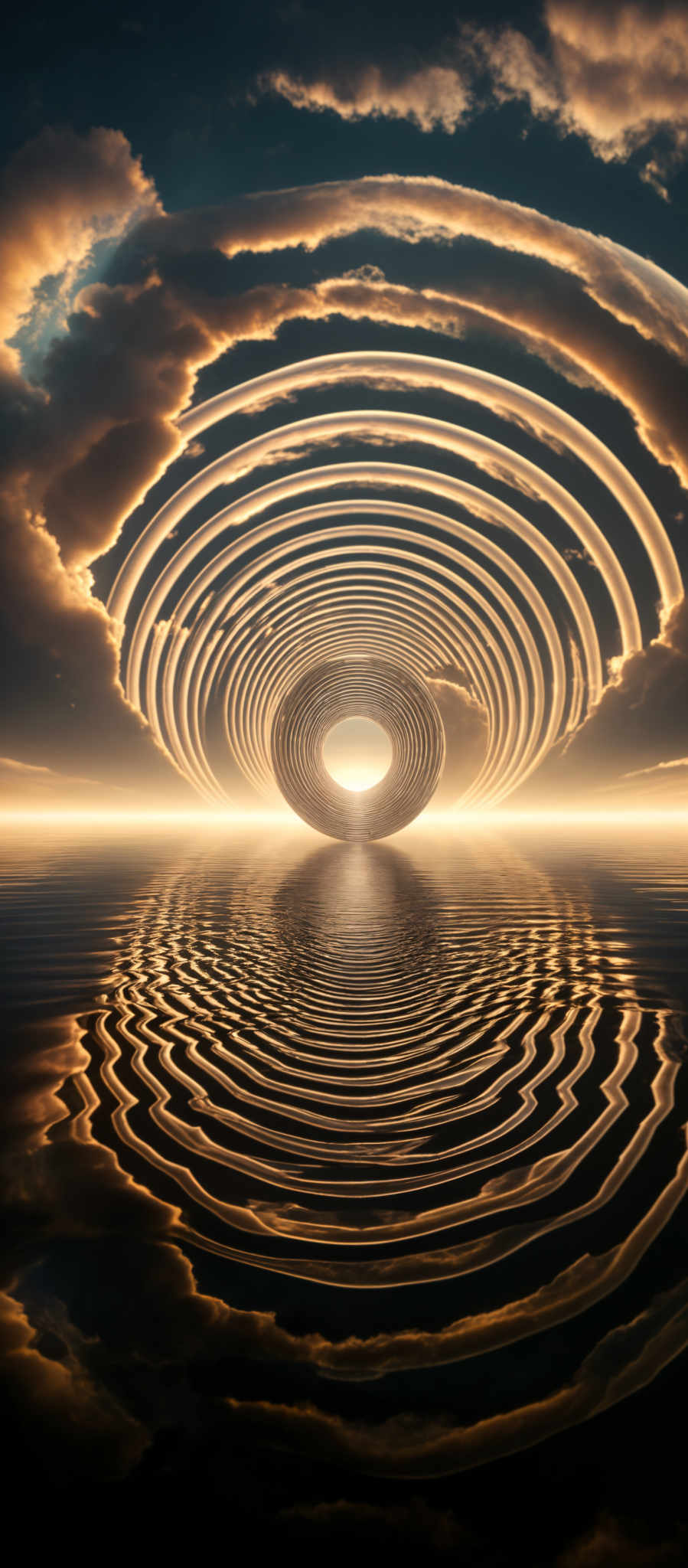 The image showcases a mesmerizing scene of concentric circles, resembling ripples in water, that radiate from a central point. These circles are set against a backdrop of a dramatic sky filled with swirling clouds, illuminated by a soft, golden light. The clouds are tinged with hues of orange and blue, suggesting either a sunrise or sunset. The reflection of these patterns is beautifully mirrored on the calm surface below, creating a symmetrical visual effect.