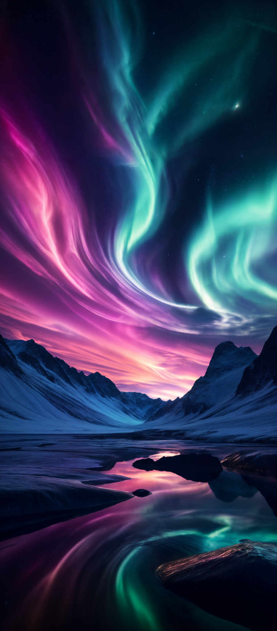 The image showcases a breathtaking view of the Northern Lights, also known as the Aurora Borealis. The lights display a mesmerizing array of colors, including vibrant shades of green, pink, and purple. These colors swirl and dance across the night sky, creating an ethereal and almost otherworldly effect. The shape of the lights is fluid and wavy, resembling flowing water or swirling gases. Below the sky, there's a serene landscape with snow-covered mountains and a calm body of water that reflects the colors of the sky. The water's surface is smooth, allowing for a clear reflection of the auroras