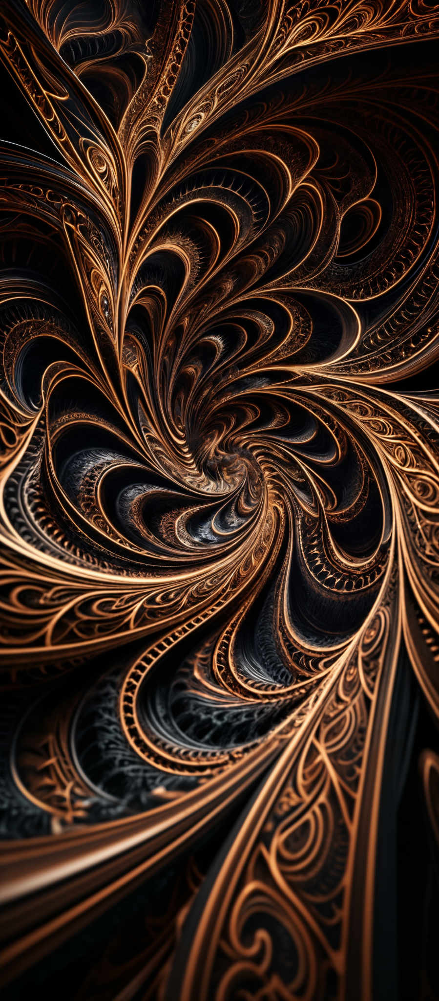 The image showcases intricate and swirling patterns that appear to be made of intertwined and interconnected lines and curves. The dominant colors are deep blacks and rich oranges, creating a contrast that adds depth and drama to the design. The shapes are organic and flowing, reminiscent of swirled patterns often seen in natural phenomena like spirals in galaxies or the flow of water. The details are meticulous, with each curve and line having its own unique shape and contour, contributing to the overall complexity and beauty of the design, which seems to be a digital artwork or a fractal pattern.