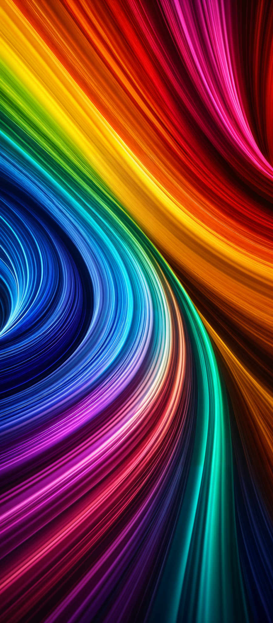 The image showcases a vibrant and dynamic swirl of colors. The colors range from deep blues and purples at the top, transitioning through bright yellows, oranges, and reds, and culminating in a fiery orange-red at the bottom. The swirls are fluid and appear to be spiraling inwards, creating a sense of movement and energy. The overall shape is reminiscent of a vortex or whirlpool, with the colors flowing seamlessly into one another.