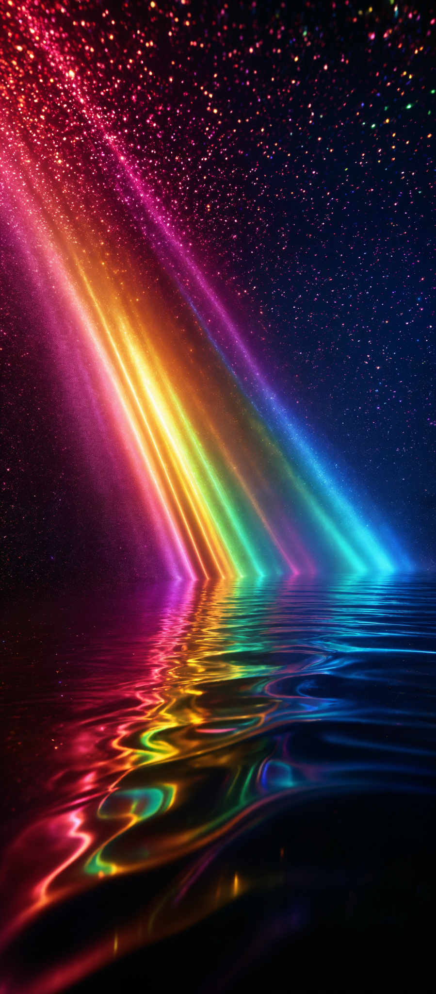 The image showcases a vibrant and mesmerizing display of colors. It features a spectrum of colors, ranging from deep reds and purples at the top to bright yellows, greens, and blues at the bottom. These colors appear to be emanating from a radiant source, creating a beautiful gradient effect. The shape is reminiscent of a rainbow, with the colors reflecting off a body of water below. The water's surface has ripples, capturing the reflection of the colors, creating an almost symmetrical visual effect.