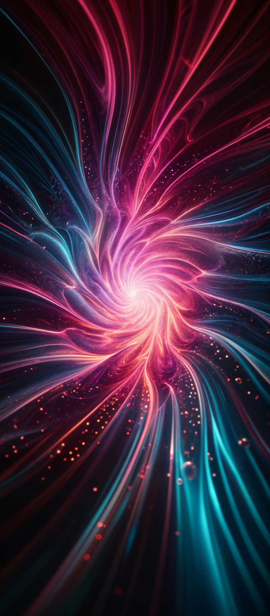 The image showcases a vibrant and dynamic swirl of colors. The predominant colors are shades of pink, blue, and orange. The swirls are reminiscent of flowing tendrils or streams of energy, converging towards a central point that emits a bright, glowing light. The overall shape is reminisccent of a vortex or a burst of energy emanating from a central core.