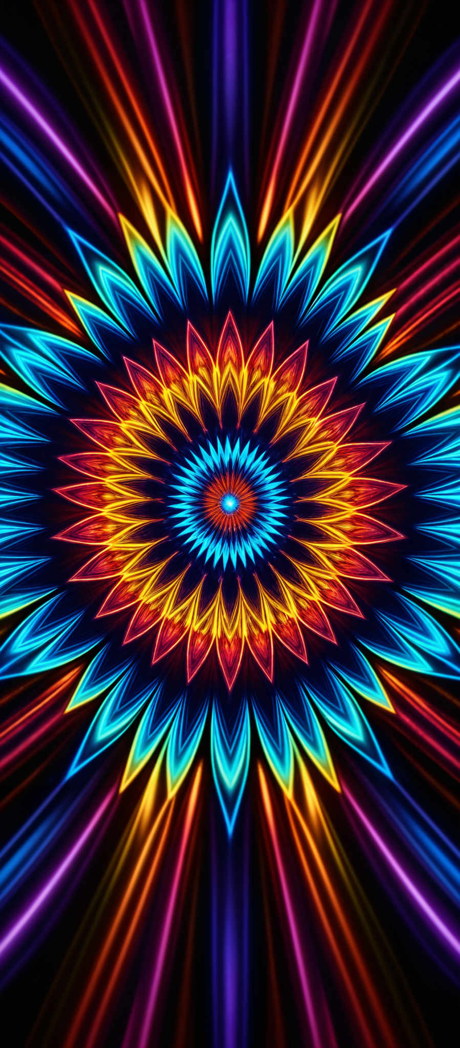 The image showcases a vibrant and intricate design that appears to be a digital artwork or a mandala. The dominant colors are a mix of blues, reds, yellows, and purples. The shape is symmetrical and radiates outwards from a central point, resembling a flower or a sun. The design is detailed with multiple layers of petals or rays that emanate from the center, each with its unique color and pattern. The overall effect is mesmerizing and gives a sense of depth and movement.