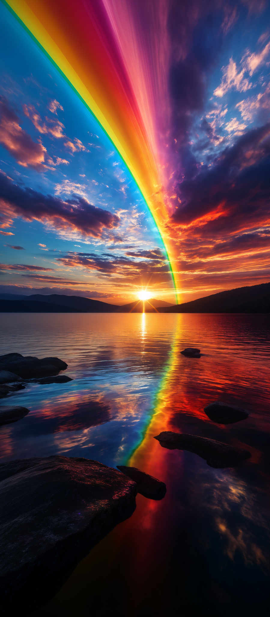 The image showcases a breathtaking scene of a sunset or sunrise over a calm body of water. The sky is painted with a myriad of colors, ranging from deep blues and purples to fiery oranges and reds. A vibrant rainbow arcs across the sky, reflecting its colors onto the water below. The sun is positioned near the horizon, casting a golden hue over the water and creating a radiant reflection. In the foreground, there are dark, jagged rocks protruding from the water, and their reflections can be seen mirrored in the water's surface.