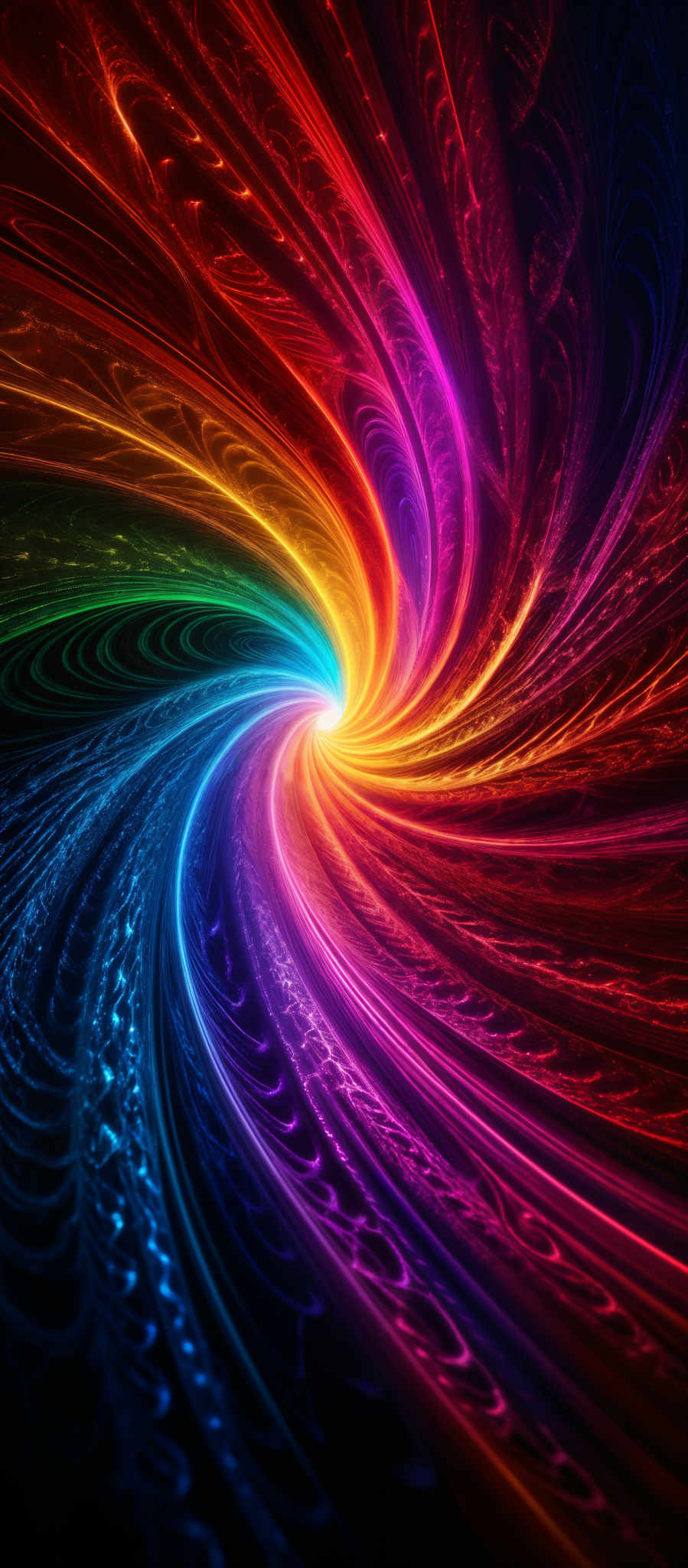 The image showcases a vibrant and dynamic swirl of colors. The central theme is a vortex-like formation that spirals from a central point, radiating outwards in a spectrum of colors including red, orange, yellow, green, blue, and purple. The swirls are intricate, with patterns resembling flowing water or energy currents. The overall effect is both mesmerizing and energetic, evoking feelings of movement and dynamism.