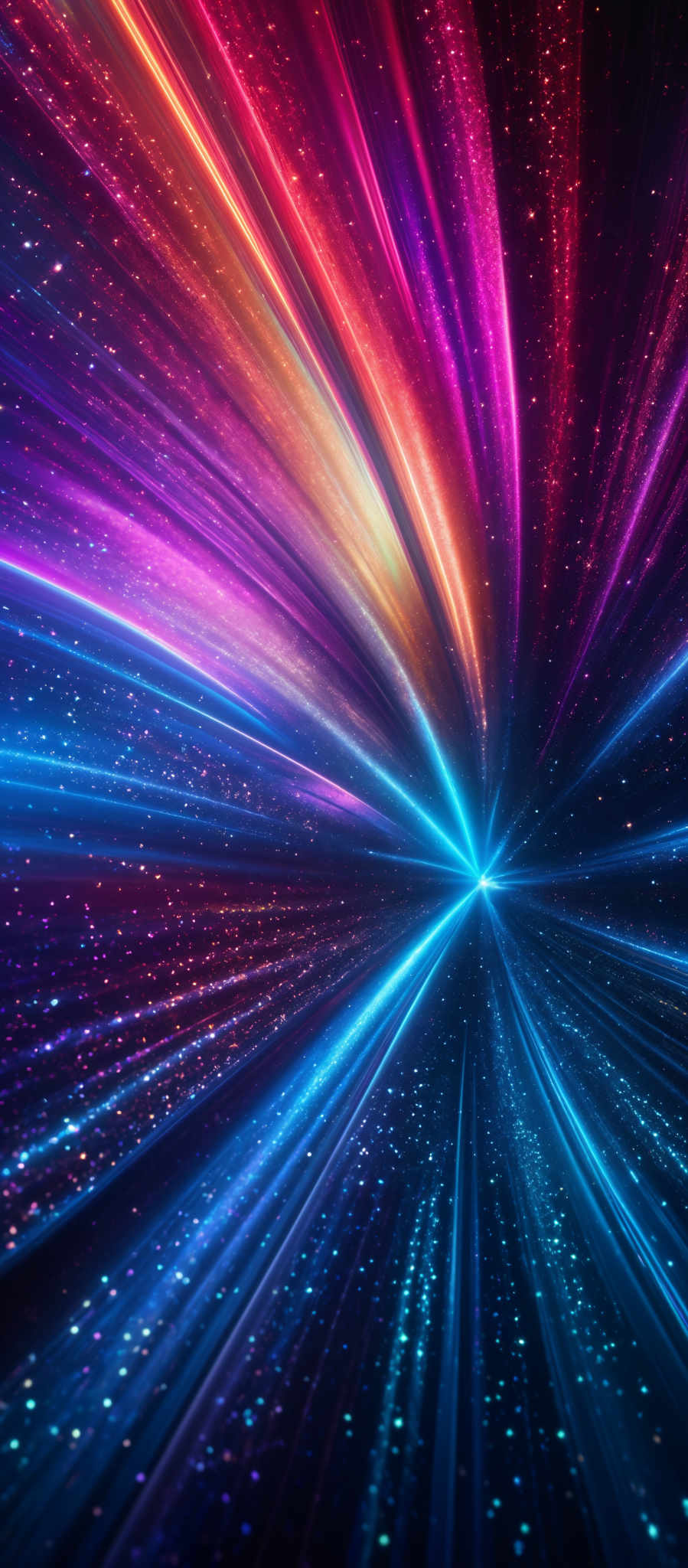 The image showcases a vibrant and dynamic cosmic scene. It features a central vortex or wormhole that radiates outward with streaks of light in a spectrum of colors, including red, blue, and purple. These streaks appear to be moving at high speeds, creating a sense of motion and energy. The background is filled with a deep blue space dotted with distant stars, adding depth and dimension to the scene.