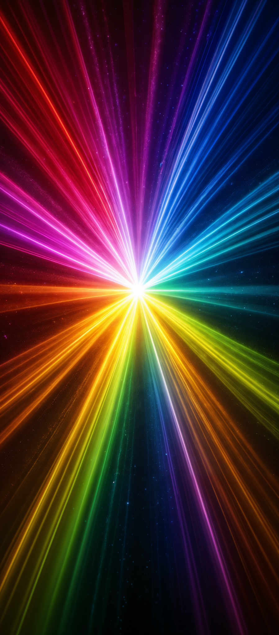 The image showcases a vibrant and radiant display of colors. It features a central point from which colorful streaks emanate outward in all directions. The colors range from deep blues and purples at the top to bright yellows, oranges, and reds at the bottom. The streaks appear to be converging towards the center, creating a dynamic and energetic effect. The background is dark, which accentuates the brightness and vibrancy of the colors.