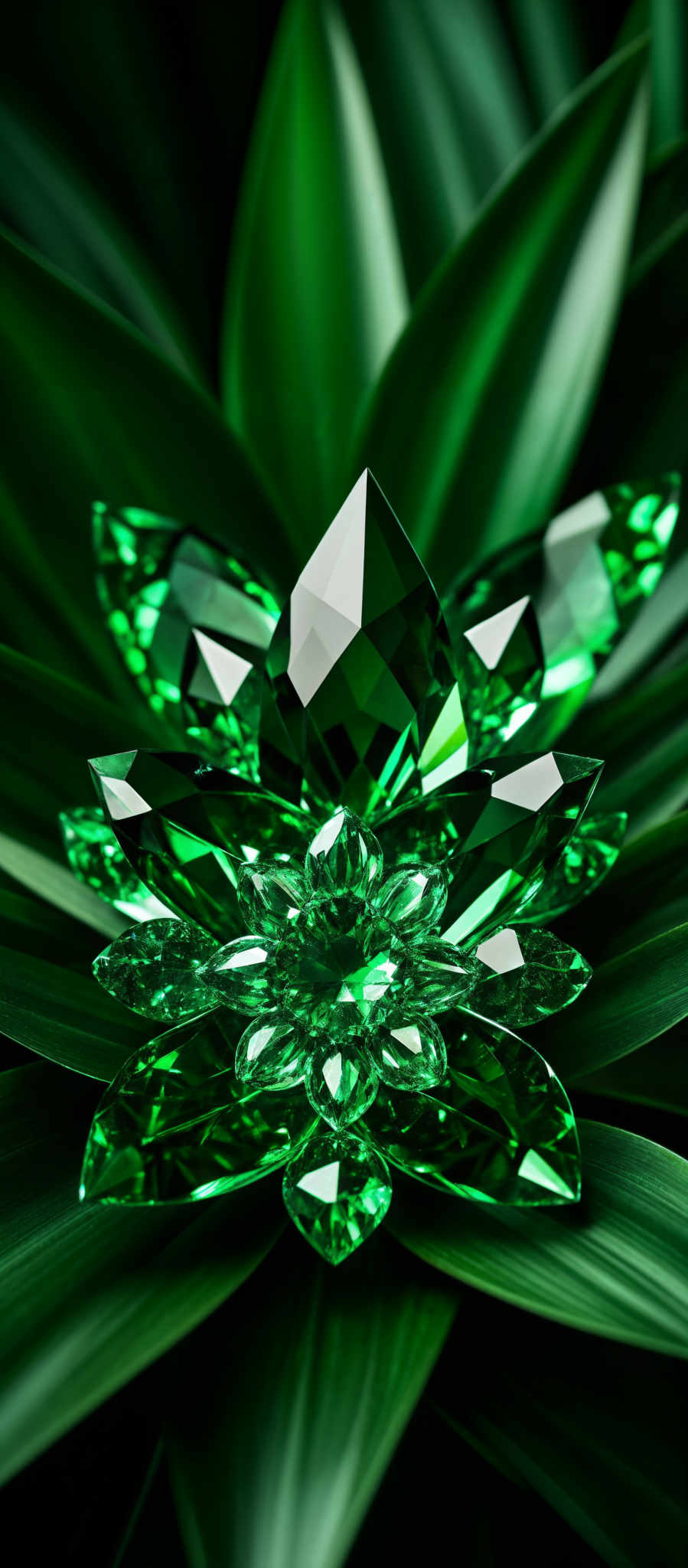 The image showcases vibrant green crystals or gemstones. These gemstals have a faceted, diamond-like shape, reflecting light in various directions. They are intricately arranged, with some gemstales appearing larger and more prominent than others. The background consists of lush green leaves, which contrast beautifully with the luminescent quality of the gemstails.