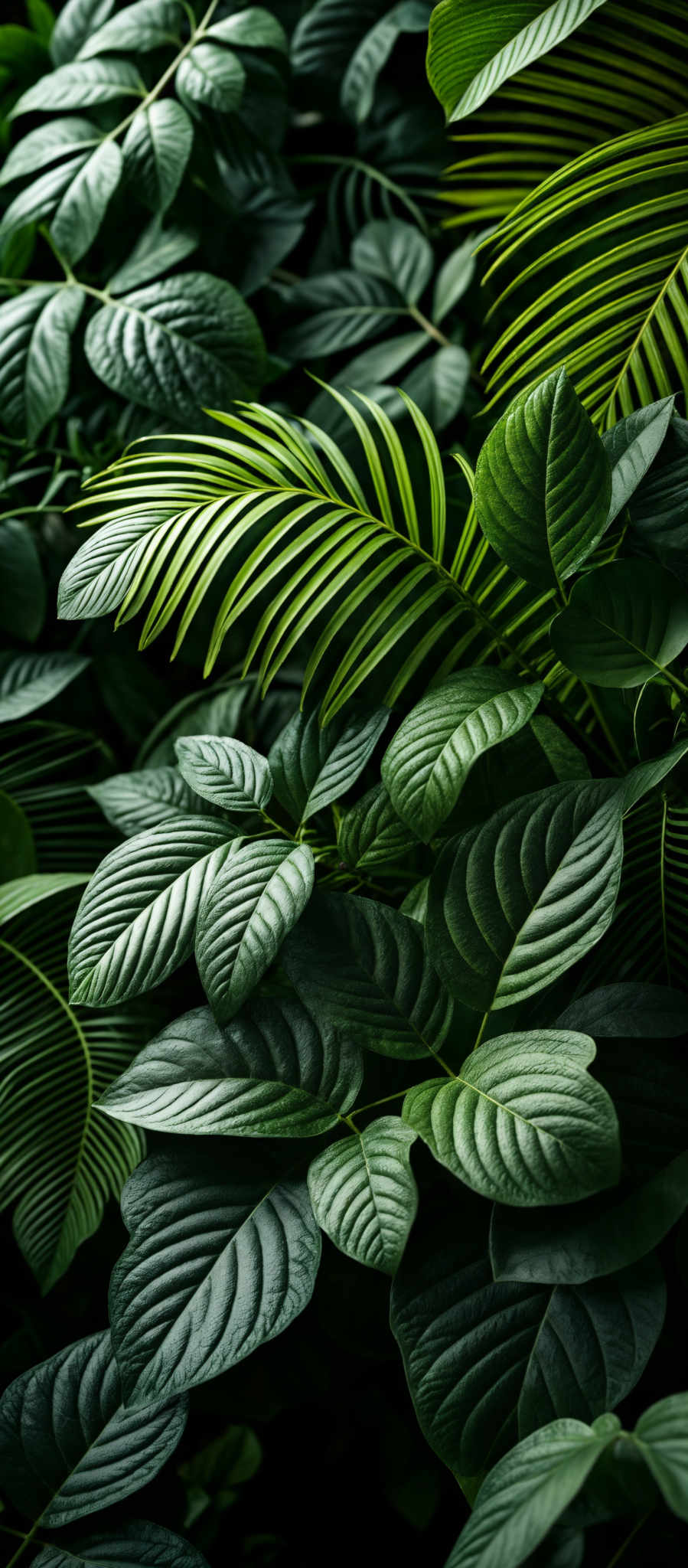 The image showcases a lush collection of green leaves. The leaves vary in shape, with some being broad and flat, while others are more slender and elongated. The color palette is predominantly various shades of green, ranging from deep forest green to lighter, almost lime green. The texture of the leaves is intricate, with visible veins and patterns that give them a realistic and detailed appearance.