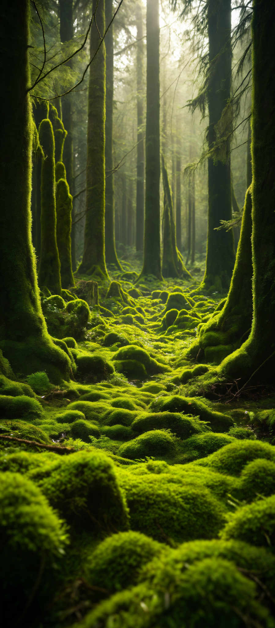 The image showcases a lush forest with tall, slender trees. The trees have a thick, moss-covered trunk, giving them a green hue. The forest floor is carpeted with vibrant green moss, forming a soft, undulating pattern. Sunlight filters through the trees, casting a soft glow and creating a serene atmosphere. The overall color palette is dominated by various shades of green, with hints of brown from the tree trunks and the forest floor.