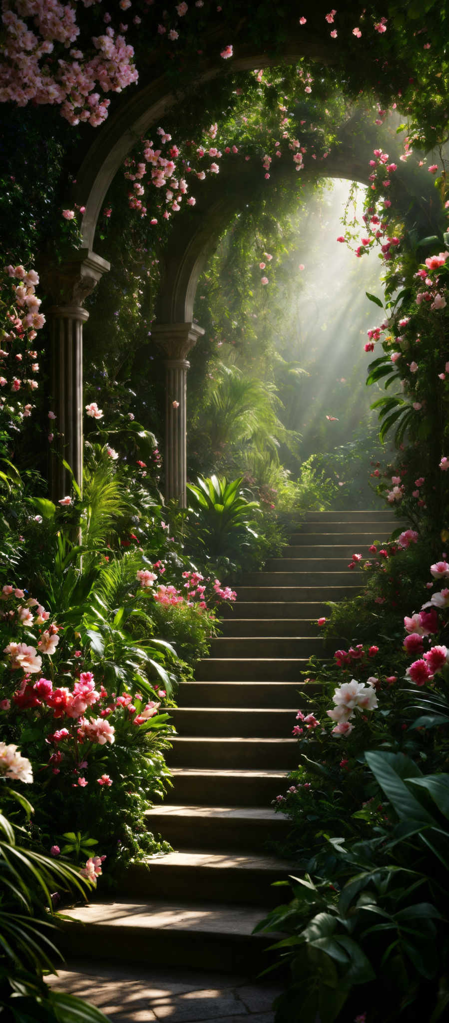 The image showcases a picturesque scene of a garden or park. Dominating the scene are vibrant pink and white flowers, possibly roses, that are in full bloom. These flowers are densely packed, creating a canopy that arches over a set of stone steps. The steps lead upwards, and on either side of the staircase, there are lush green plants and ferns. The sunlight filters through the foliage, casting a soft, ethereal glow over the scene. The overall color palette is a mix of greens, pinks, and whites, creating an atmosphere of serenity and beauty.