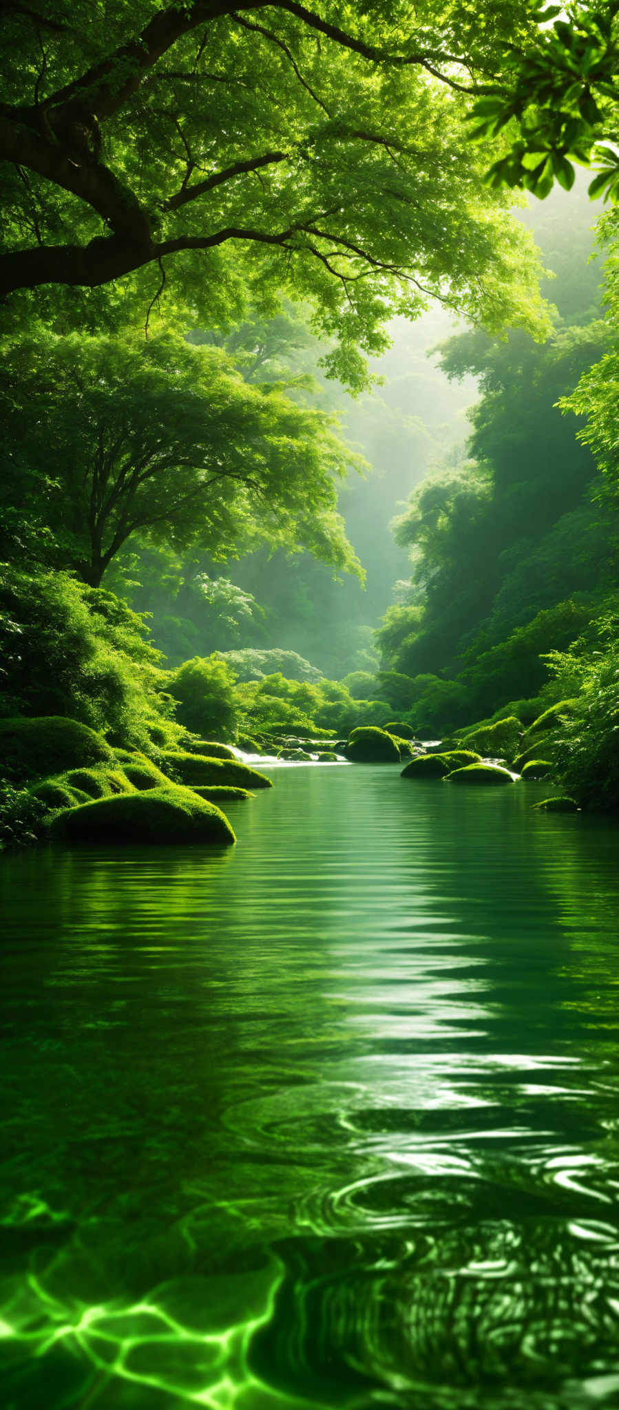 The image showcases a serene and lush forest scene. Dominant colors are various shades of green, representing the dense foliage of the trees. The trees have a canopy that extends over the water, creating a shaded area. The water is calm, reflecting the greenery and the sky, with ripples caused by the movement of the water. There are moss-covered rocks in the water and a few branches extending over the scene. The overall ambiance is peaceful and tranquil.