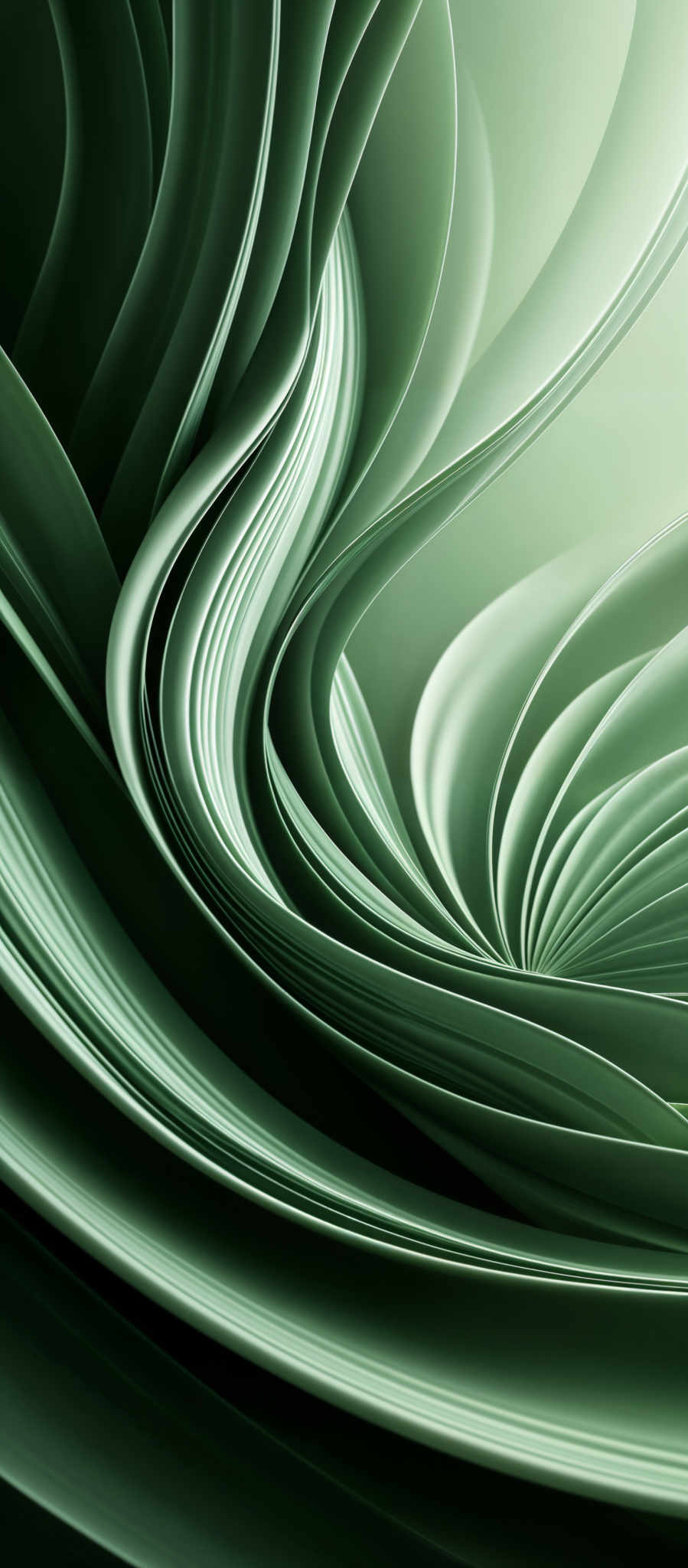 The image showcases a dynamic and intricate design with flowing, wavy patterns. The dominant color is a shade of green, which gives the image a fresh and vibrant feel. The shapes are curved and swirling, creating a sense of movement and fluidity. The design appears to be a digital artwork, possibly representing the flow of water, energy, or even the structure of a plant.