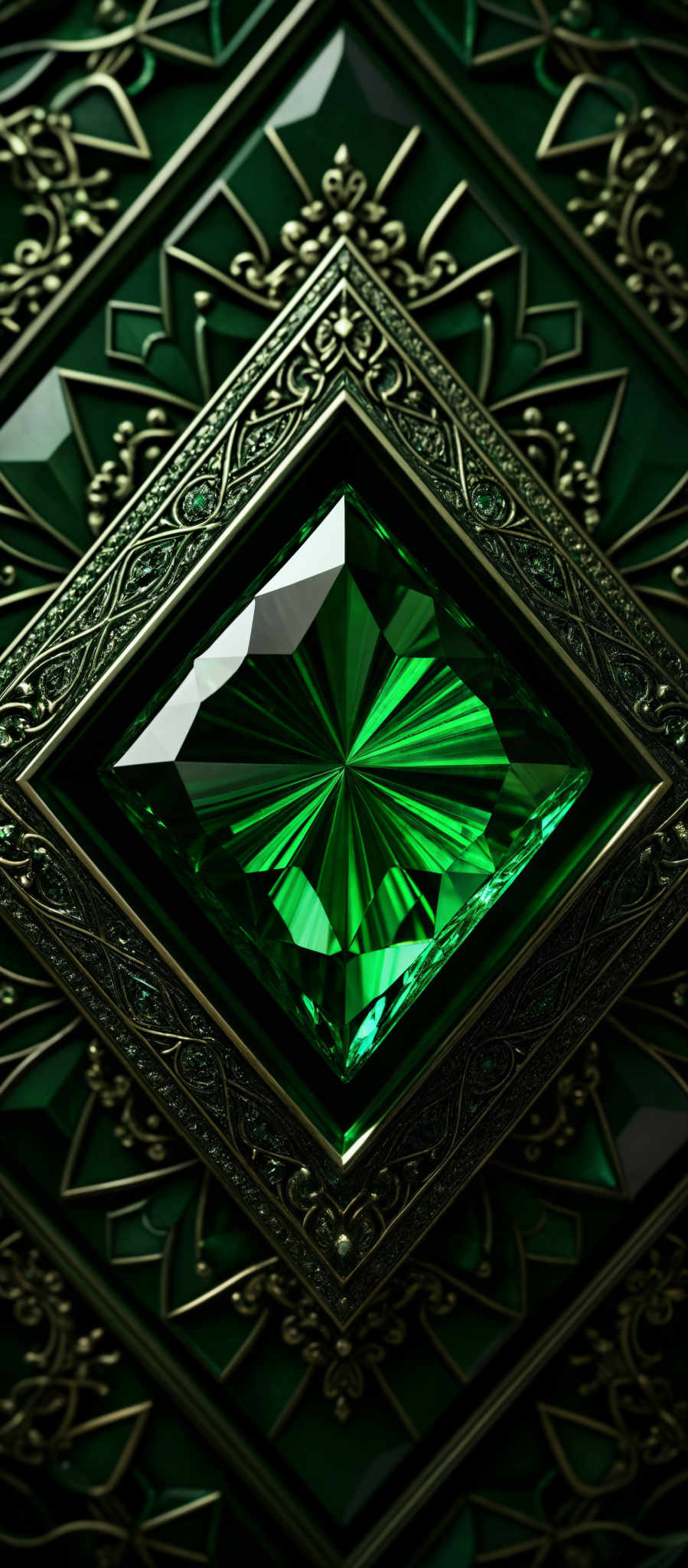 The image showcases a vibrant green gemstone, possibly a diamond, set within an ornate frame. The frame is intricately designed with gold detailing, featuring swirling patterns and motifs. The gemstone itself has a radiant, faceted appearance, reflecting light in a manner that emphasizes its brilliance.