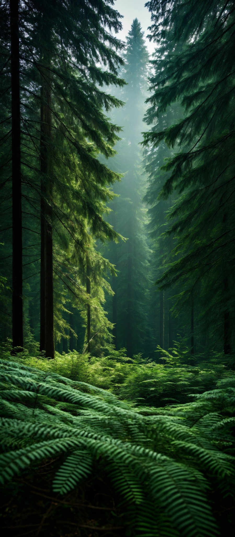 The image showcases a serene forest scene. Dominating the foreground are lush green ferns with intricate patterns. These fern-like plants cover the forest floor, creating a carpet-like appearance. The trees in the background are tall and slender, with needle-like leaves, suggesting they might be conifers. The light filtering through the trees casts a soft, ethereal glow, creating contrasts of light and shadow. The overall color palette is predominantly green, with hints of brown from the tree trunks and the forest ground.