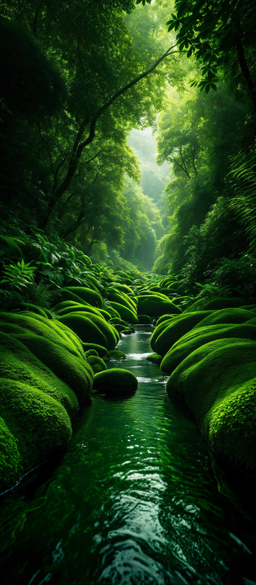 The image showcases a serene forest scene with a gentle stream flowing through moss-covered stones. The dominant colors are various shades of green, representing the lush foliage and moss. The stones in the stream are rounded and have a mossy green hue, indicating they are frequently damp or submerged in water. The trees in the background are tall and dense, with their branches extending outwards, creating a canopy that filters the sunlight, casting dappled light on the forest floor.