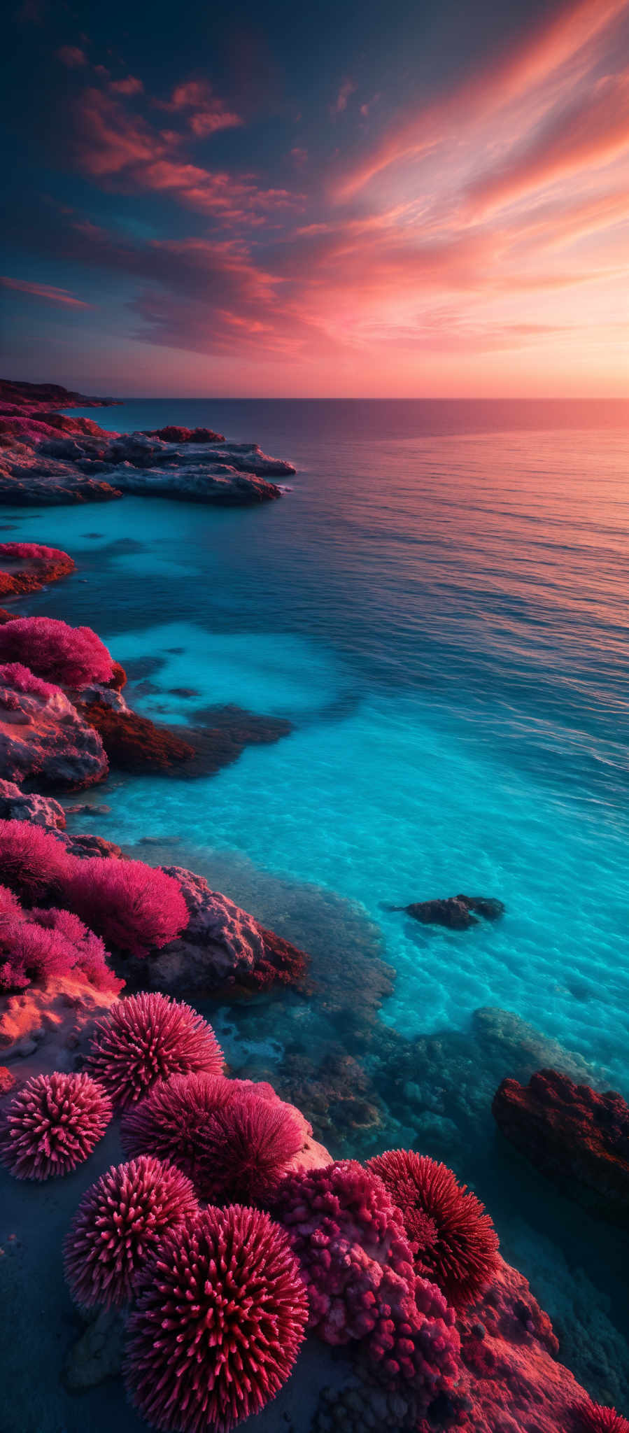 The image showcases a breathtaking coastal scene during sunset. The sky is painted with hues of orange, pink, and blue, with streaks of clouds reflecting the sun's glow. The sea below is a serene shade of turquoise, with gentle waves lapping against the rocky shoreline. The most striking feature of the image is the vibrant coral formations that are displayed in shades of pink and red. These corals are densely packed and appear to be growing on the rocks, adding a burst of color to the otherwise muted tones of the landscape.