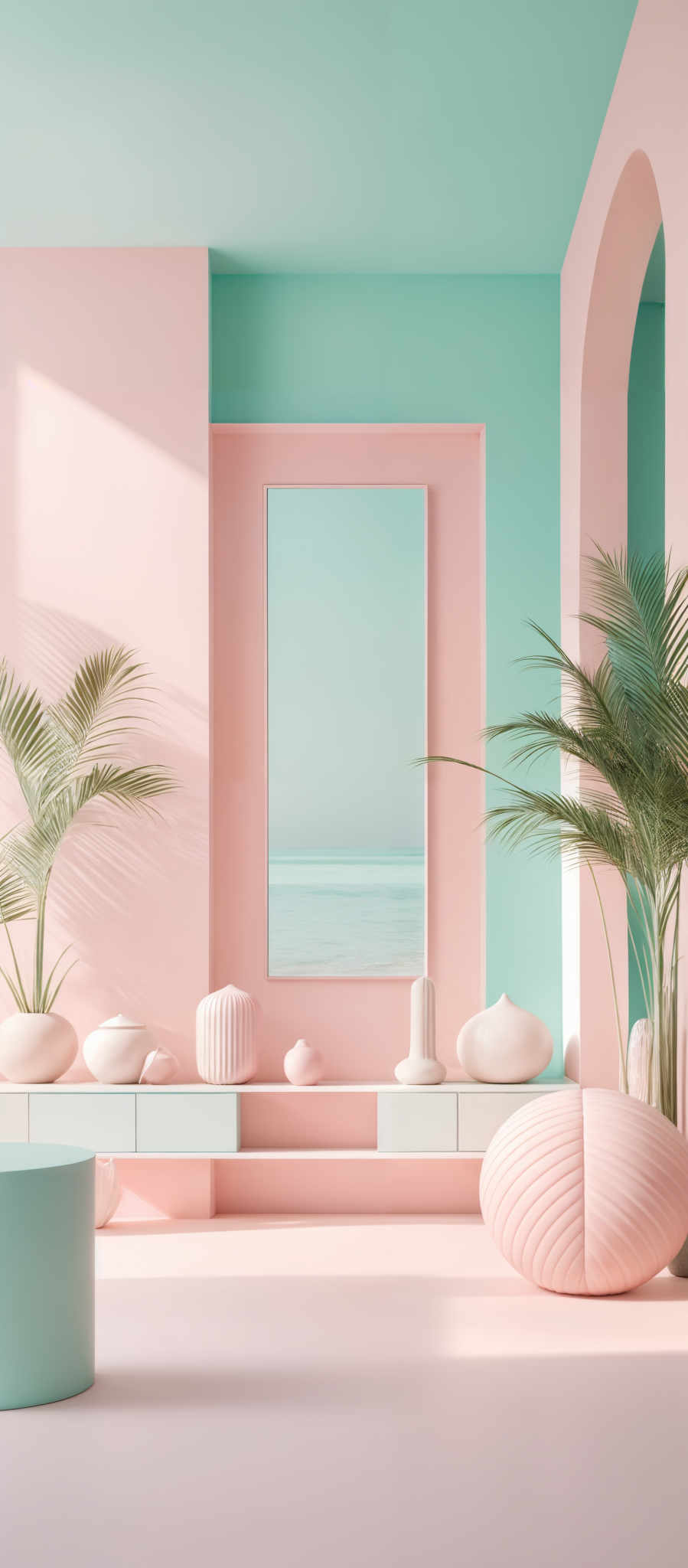 The image showcases a room with pastel-colored walls. The dominant colors are soft pink, light blue, and a muted teal. The room features a large archway, a rectangular mirror with a framed picture of a serene beach scene. On the floor, there are various decorative items, including a round turquoise ottoman, a cylindrical blue table, and several white vases of varying shapes. The walls are adorned with a series of white vase-like decorations. There are also two tall palm plants with long, slender leaves, adding a touch of nature to the room.