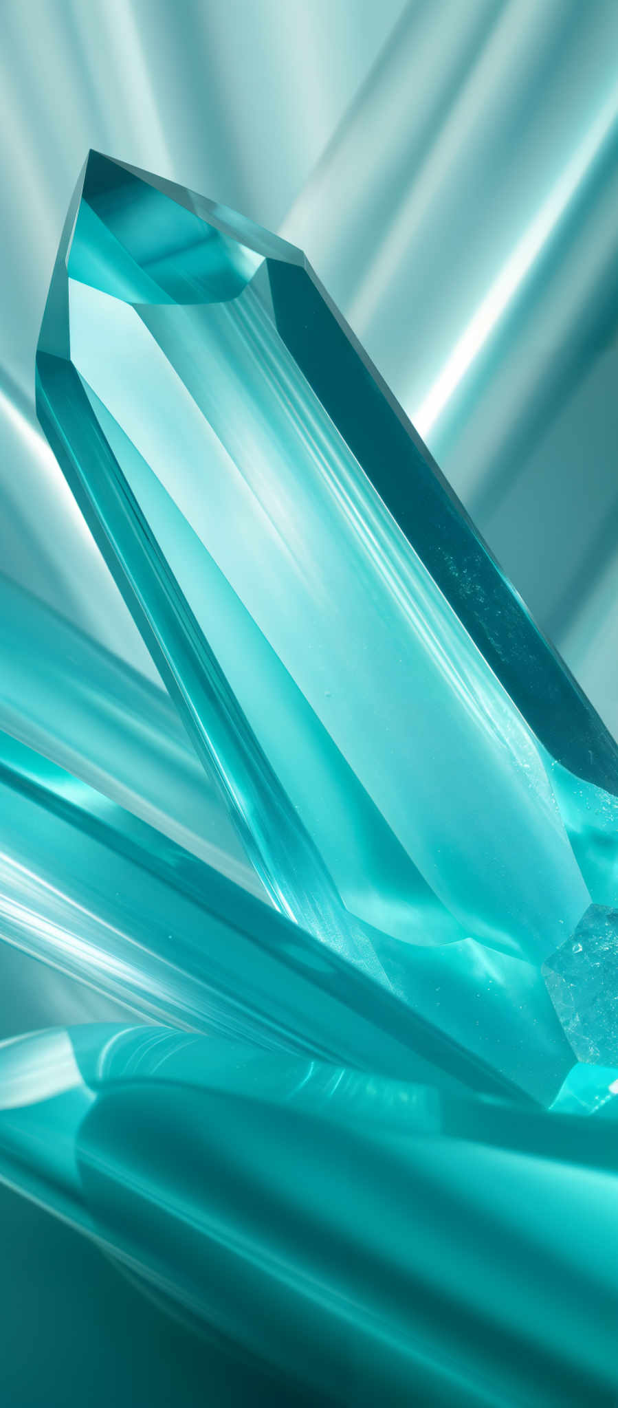 The image showcases a crystal-like object with a predominantly turquoise hue. The crystal has a sharp, elongated faceted shape, resembling a gem or mineral. The background is a blurred mix of light blue and white, giving an ethereal and refractive appearance, suggesting that the crystal might be surrounded by other similar objects or light.