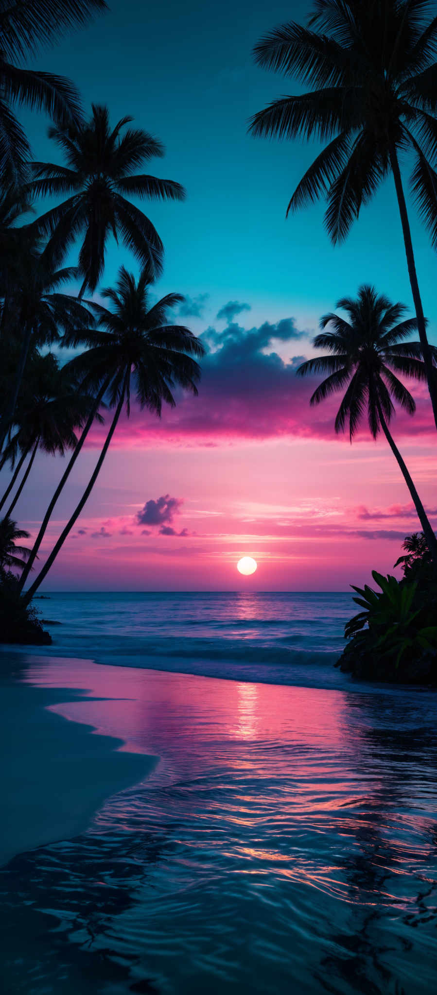 The image showcases a breathtaking sunset over a tropical beach. The sky is painted with hues of pink, purple, and blue, with the sun setting in the center, casting a golden glow. The horizon is marked by gentle waves that reflect the vibrant colors of the sky. In the foreground, tall palm trees lean over a serene body of water, their fronds silhouetted against the radiant backdrop. The water reflects the colors of both the sky and the sun, creating a mirror-like effect.