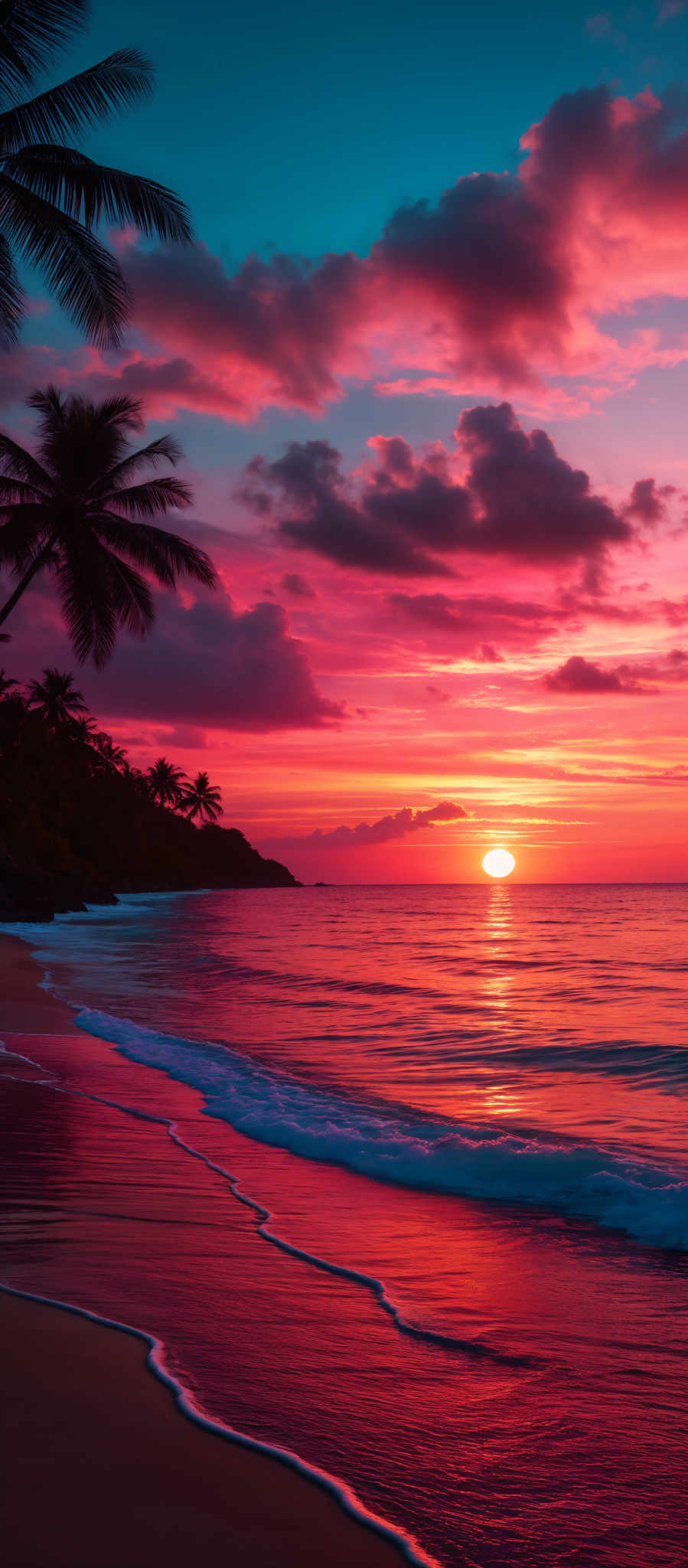 The image showcases a breathtaking sunset over a tropical beach. The sky is painted with hues of pink, orange, and blue, with the sun nearing the horizon casting a golden glow. The clouds are scattered, reflecting the vibrant colors of the sunset. On the left, tall palm trees stand against the backdrop of the sky, their fronds swaying gently. The beach has gentle waves lapping at its shores, and the wet sand reflects the colors of sunset, creating a mesmerizing contrast.