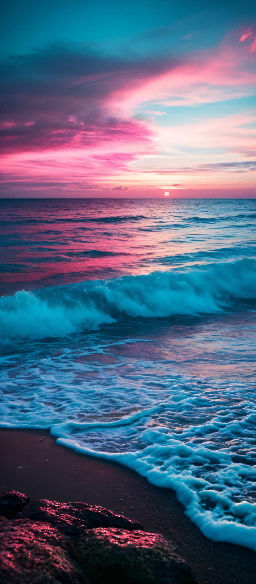 The image showcases a breathtaking sunset over the ocean. The sky is painted with hues of pink, purple, and blue, transitioning smoothly from the horizon upwards. The sun, a bright orb, is nearing the horizon, casting a warm golden glow. The ocean reflects these colors, with gentle waves crashing onto a sandy shore. The waves have a white frothy appearance, and the sand is dark, contrasting with the vibrant colors of the sky and sea. In the foreground, there are some rocks, wet from the waves, which are also reflecting the colors of sunset.