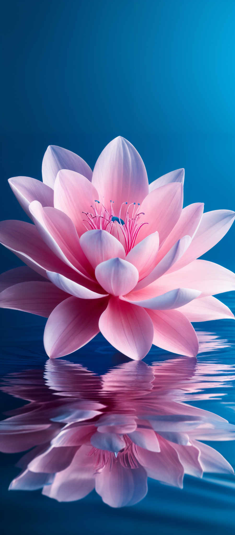 The image showcases a lotus flower with a soft pink hue. The flower is in full bloom, revealing its intricate details. The petals are layered, with the outermost layer being the largest and the innermost being the smallest. The center of the flower has a vibrant pinkish-red hue with tiny, delicate stamens. The lotus is floating on water, and its reflection can be seen below, creating a mirror image on the water's surface.