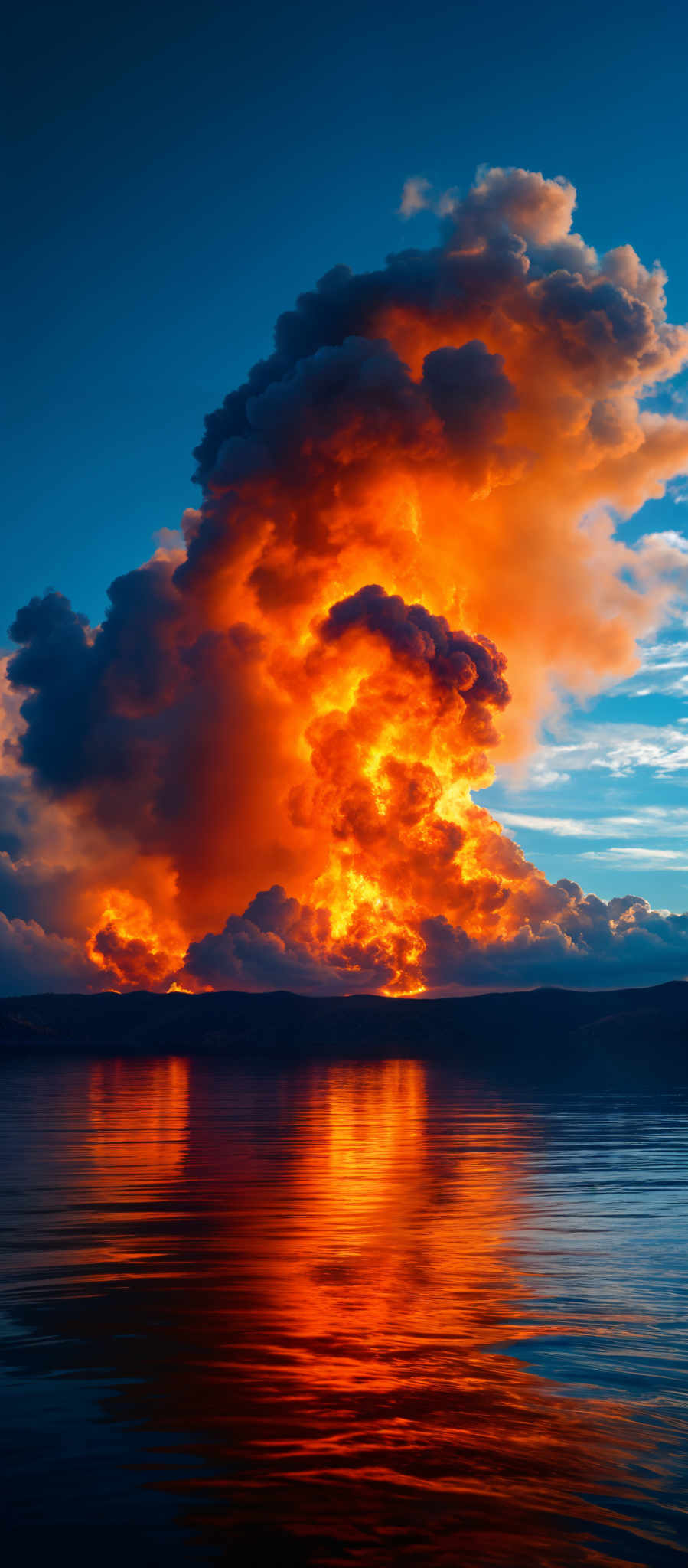 The image showcases a dramatic scene of a large cloud formation illuminated by an intense, fiery glow. The dominant colors are deep oranges, fierys reds, and dark grays. The cloud formation is voluminous and billows, with the fiery colors giving it an almost fiery appearance. The reflection of this cloud formation can be seen in the calm waters below, creating a mirrored effect. The horizon shows a silhouette of a landmass, and the sky above is clear with a hint of blue.