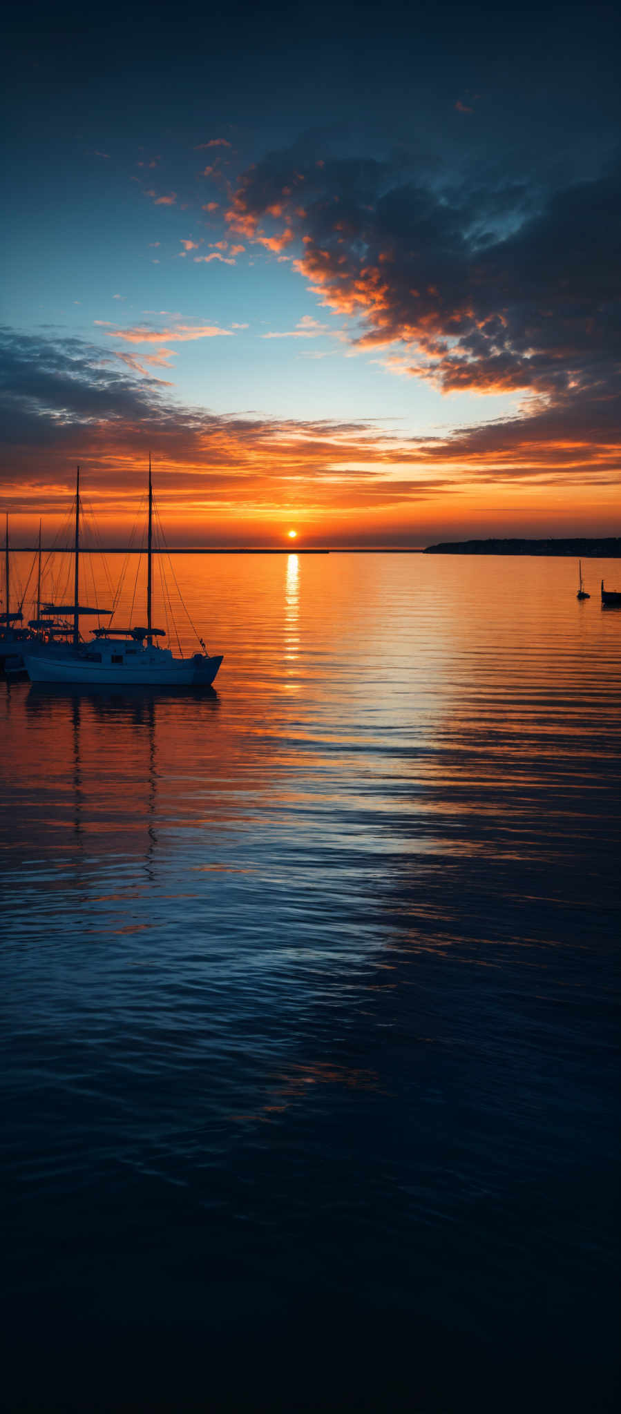 The image showcases a breathtaking sunset over a calm body of water. The sky is painted with hues of orange, gold, and deep blue, with the sun setting near the horizon. The sun casts a golden reflection on the water, creating a serene ambiance. In the foreground, there are two boats anchored, with their masts reaching upwards. The boats are white, and their reflections can be seen on the shimmering water. In addition, there's a distant landmass or island on the right side of the image, silhouetted against the setting sun.