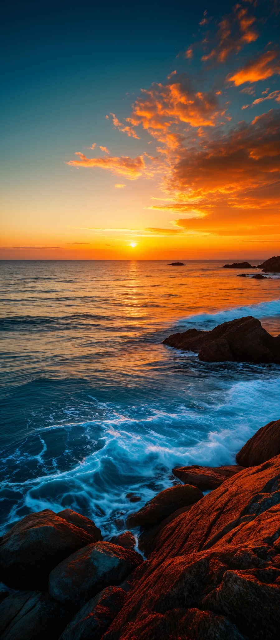 The image showcases a breathtaking sunset over a serene beach. The sky is painted with hues of orange, yellow, and blue, with the sun nearing the horizon. The sun casts a golden reflection on the calm waters, which are a deep shade of blue. On the right side, there are large rock formations jutting out from the water, and they are illuminated by the warm sunlight. The waves gently crash against these rocks, creating a white frothy appearance. The overall scene is both tranquil and awe-inspiring.