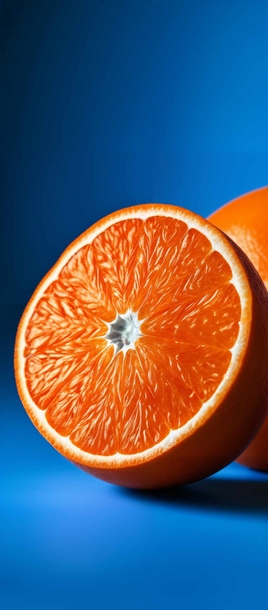 The image showcases a vibrant, freshly cut orange against a deep blue background. The orange is segmented, revealing its juicy, translucent flesh and the white pith at its center. The details of the orange's texture, from the intricate patterns of the pulp to the smooth surface of the outer rind, are captured with precision. The contrast between the bright orange and the deep blue provides a striking visual effect.