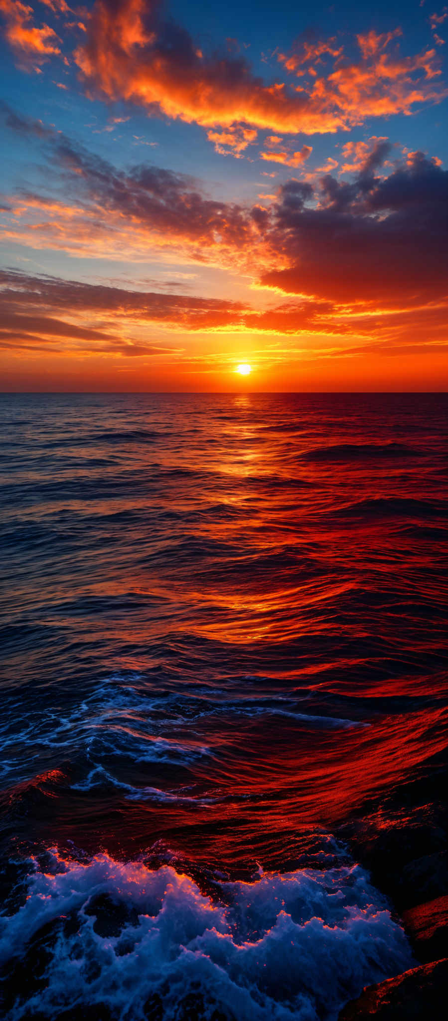 The image showcases a breathtaking sunset over the ocean. The sky is painted with hues of orange, red, and blue, with the sun nearing the horizon casting a golden glow. The clouds are scattered, reflecting the sun's colors, and some appear darker, possibly indicating the presence of storm clouds. The ocean below mirrors the sky's vibrant colors, with waves gently crashing onto the shore. The waves have a fiery red hue, possibly due to the reflection of the sunset. The horizon line is clearly visible, separating the sky from the sea.