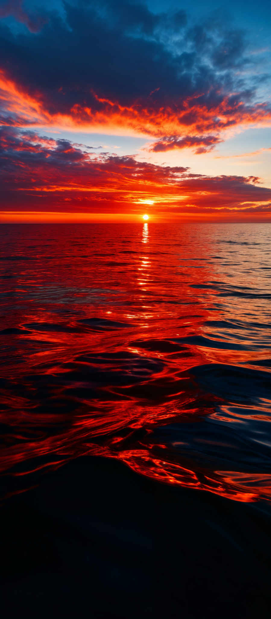 The image showcases a breathtaking sunset over a vast body of water. The sky is painted with a myriad of colors, ranging from deep blues at the top to fiery oranges and reds near the horizon. The sun is positioned just above the water, casting a brilliant reflection on the water's surface. The clouds are scattered, with some appearing dark and others illuminated by the setting sun, creating a dramatic contrast. The water reflects the colors of the sky, creating shimmering patterns of red, orange, and blue.