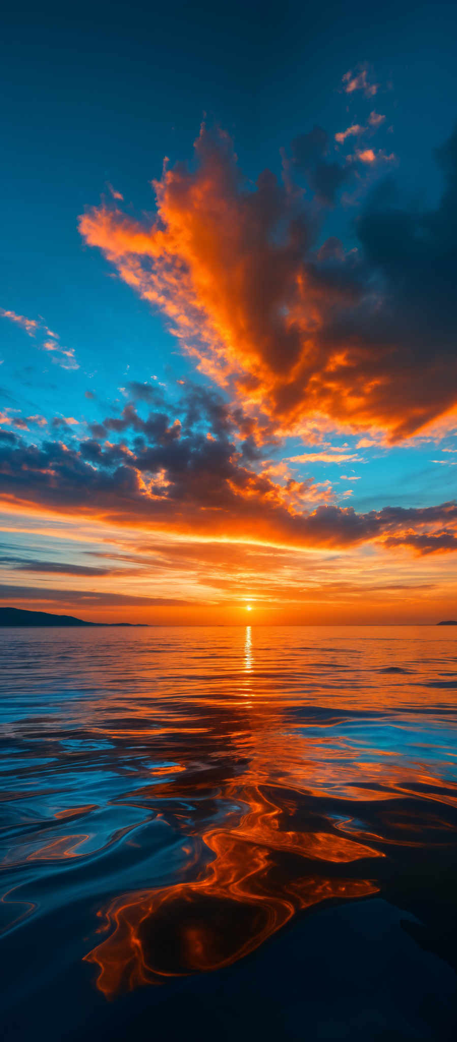 The image showcases a breathtaking sunset over a calm body of water. The sky is painted with a myriad of colors, ranging from deep blues to fiery oranges and reds. The sun, positioned near the horizon, emits a brilliant golden hue that reflects upon the water below. The clouds are scattered across the sky, with some taking on a fiery orange and red tint, while others remain in cooler shades of blue and gray. The water mirrors the sky's colors, creating a harmonious blend of colors and shapes.