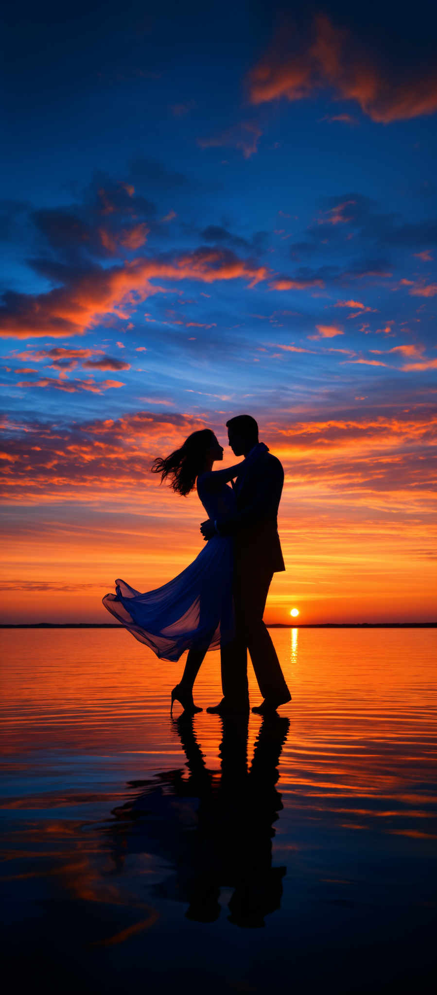 The image showcases a breathtaking sunset with a myriad of colors ranging from deep blues to fiery oranges and reds. The sky is dotted with fluffy clouds that are illuminated by the setting sun. The horizon is clearly visible, with the sun casting a golden hue over the water. In the foreground, there's a silhouette of a couple, seemingly in a romantic embrace, standing on a calm water surface. Their reflection is clearly seen below them, mirroring their pose. The woman's long flowing dress is being gently swayed by the wind, adding to the romantic ambiance of the scene.