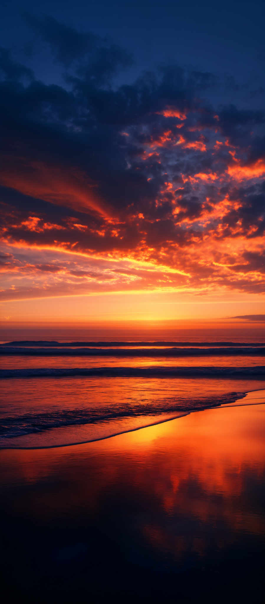 The image showcases a breathtaking sunset over a beach. The sky is painted with a myriad of colors, ranging from deep blues to fiery oranges and reds. The clouds are scattered, with some appearing as dark silhouettes and others illuminated by the setting sun. The sun itself is a brilliant golden-yellow, casting a warm glow over the horizon. Below, the calm sea reflects the colors of the sky, creating a mirror-like effect on the wet sand. The waves gently lap at the shore, and the overall ambiance is serene and tranquil.