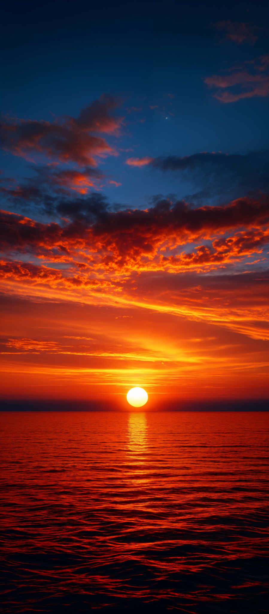 The image showcases a breathtaking sunset over a calm sea. The sky is painted with a myriad of colors, ranging from deep blues at the top to fiery oranges and reds closer to the horizon. The sun, a bright orb, is nearing the horizon, casting a golden reflection on the water below. The clouds are scattered across the sky, with some appearing dark and dense while others are illuminated by the setting sun, creating a dramatic contrast.